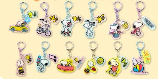 Collection of colorful keychains featuring cartoon characters on a light yellow background