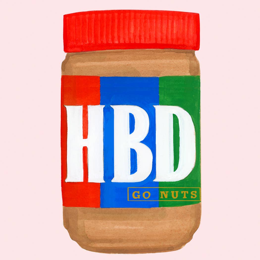 Jar of peanut butter with a colorful label featuring 'HBD' on a white background