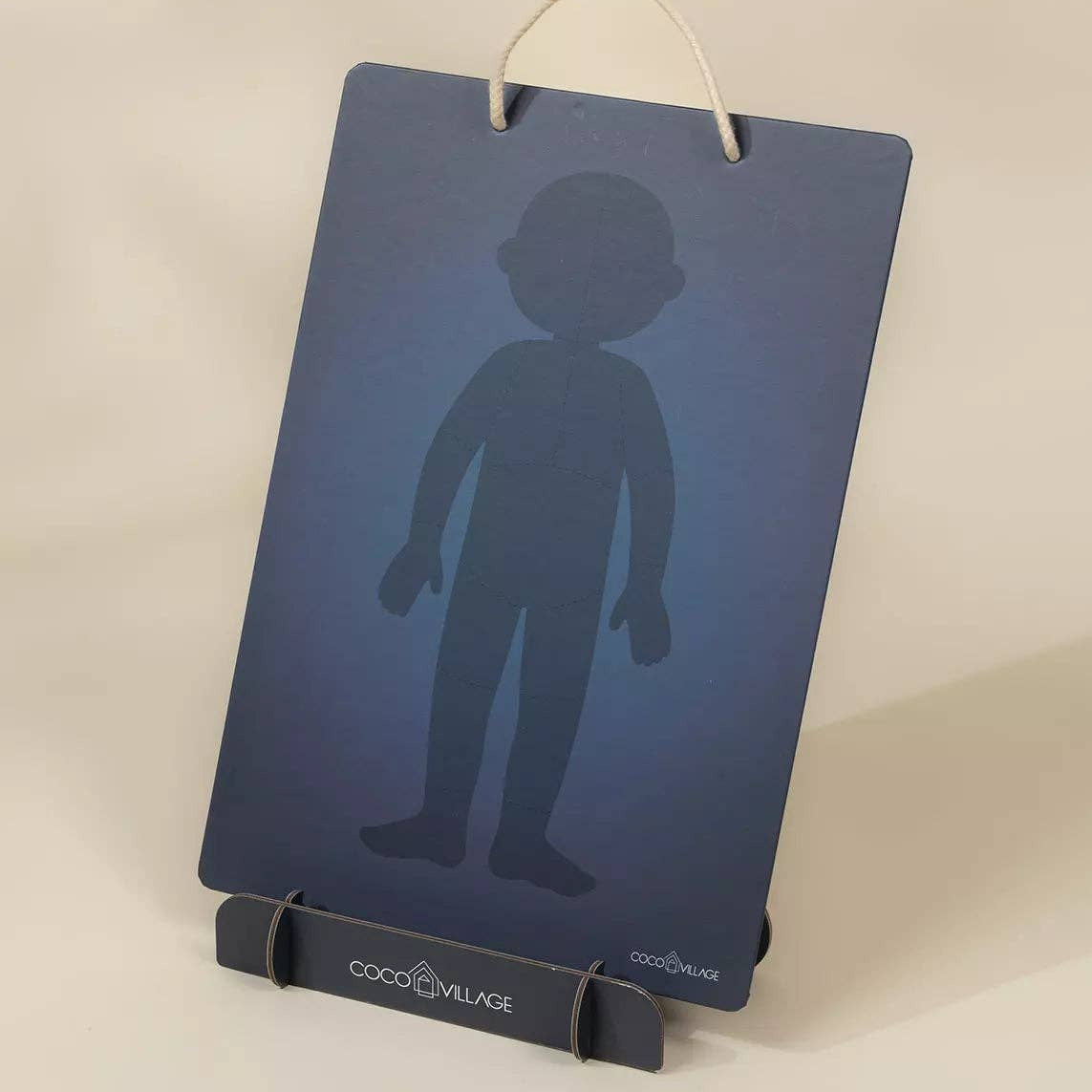 Blue silhouette standee with a handle on a beige background