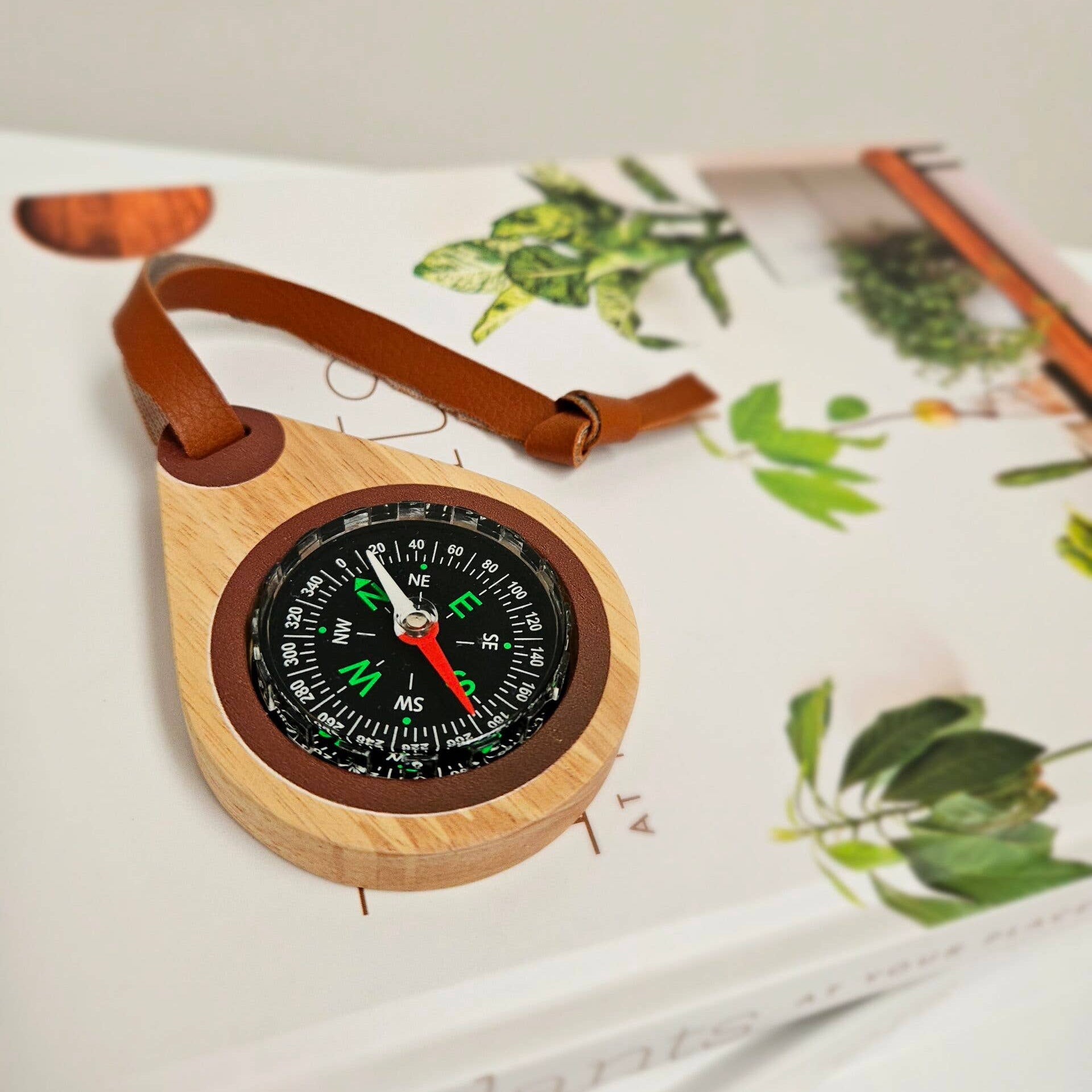 Wooden compass with leather strap on a magazine background