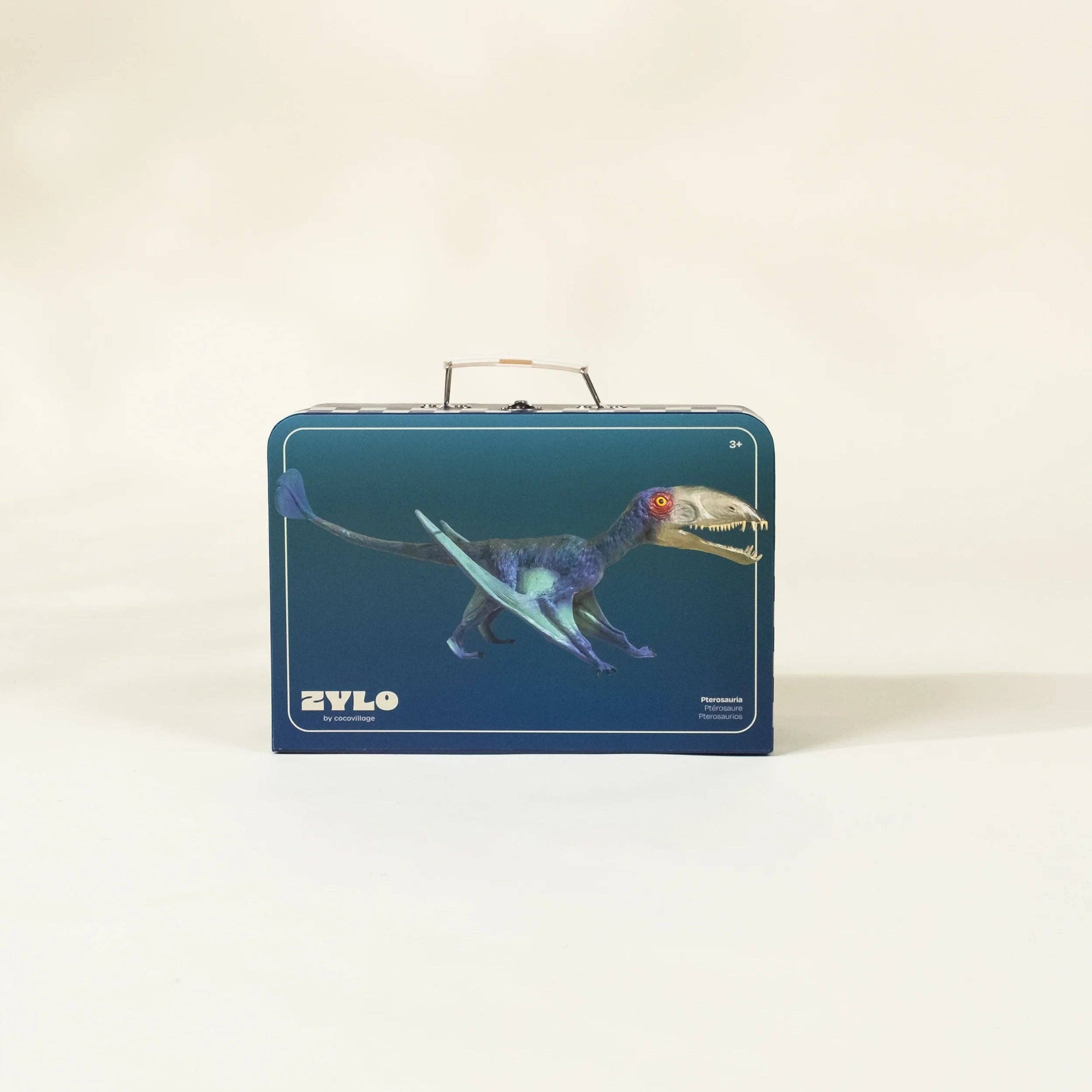 Blue toy box with dinosaur illustrations on a white background