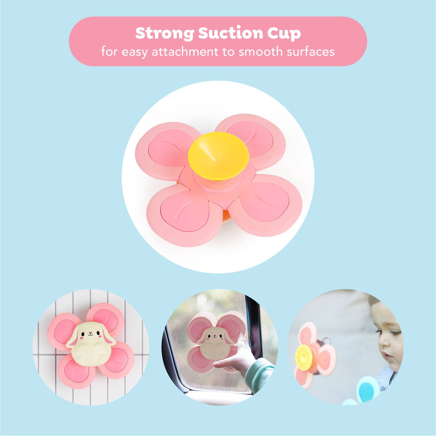 Flower-shaped strong suction cup with various attachments on a light blue background