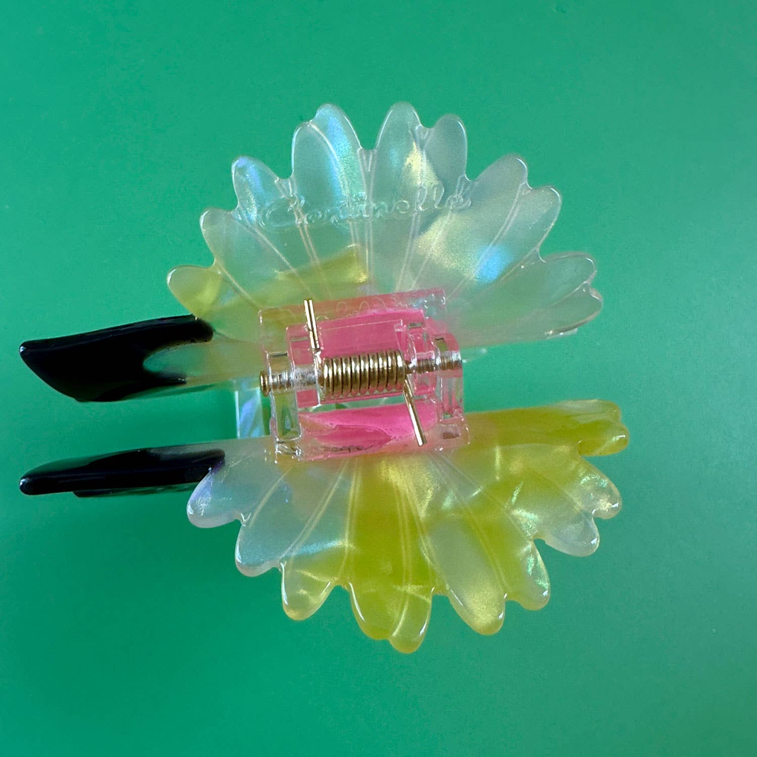 Clear plastic flower-shaped clip with black clips on a green background
