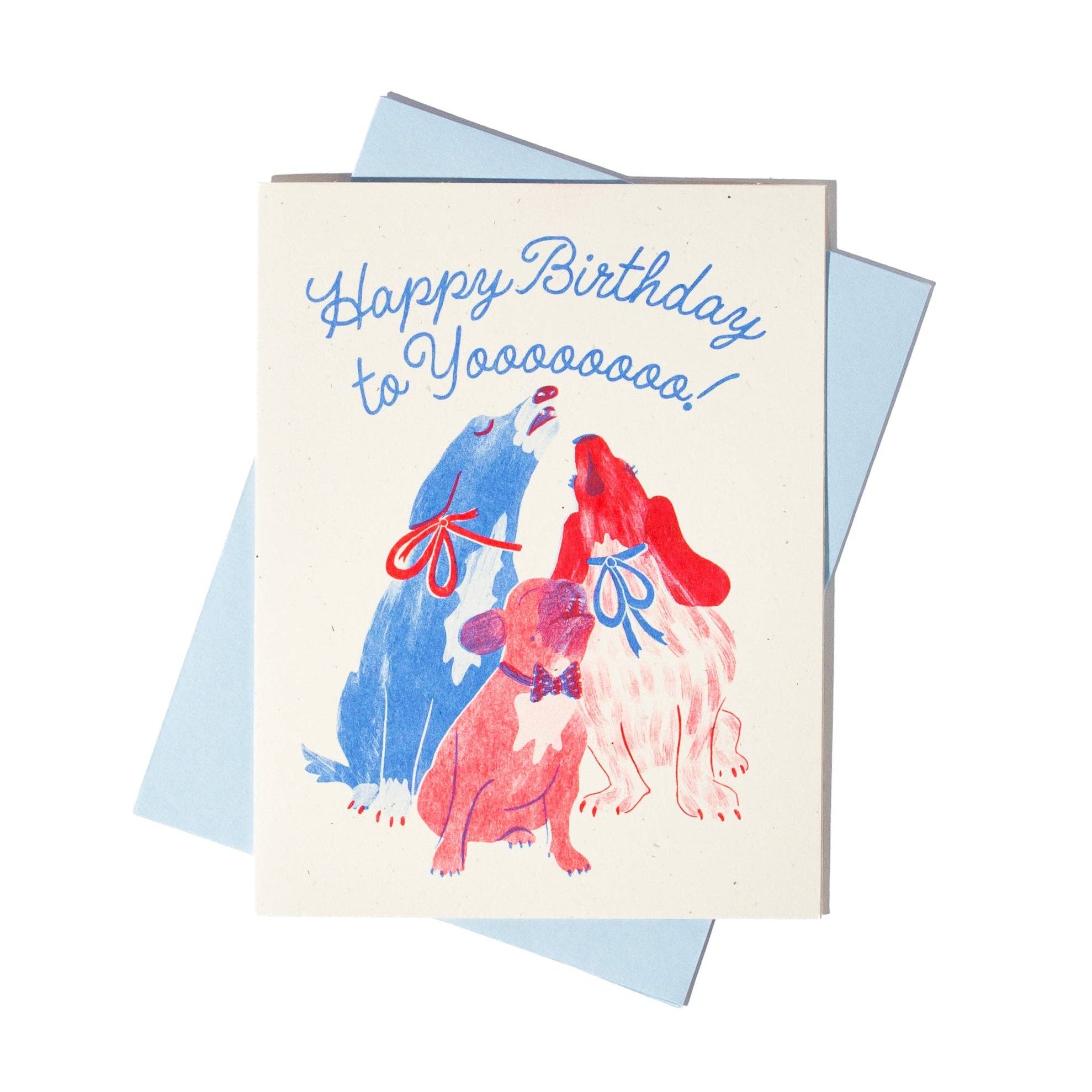 Birthday card with colorful illustrations of dogs and text on a white background
