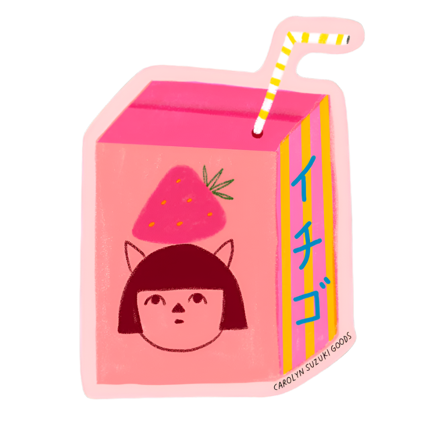 Pink cartoon-style juice box with a strawberry on a white background