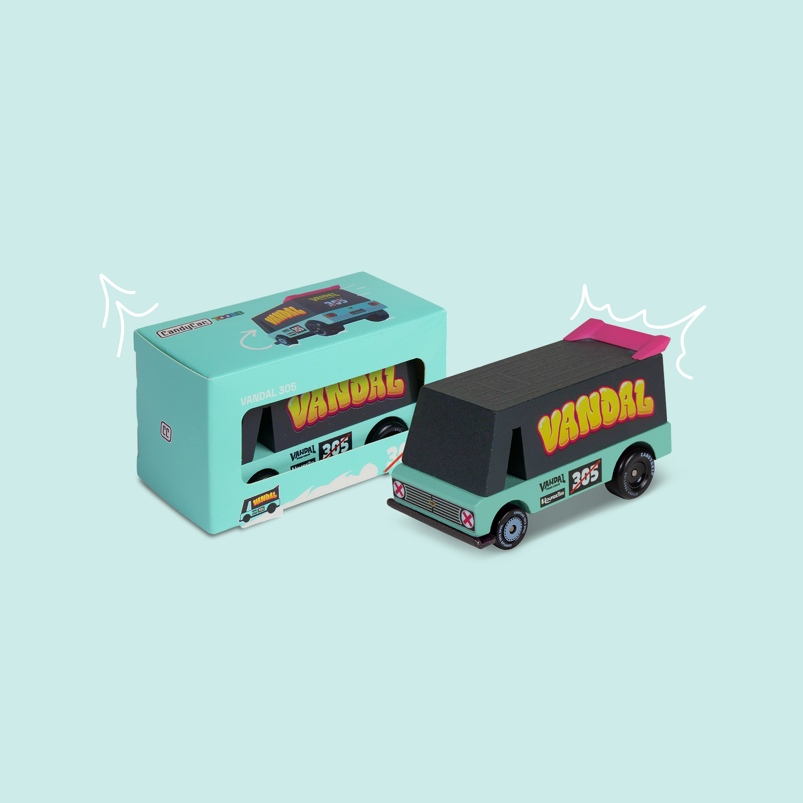 Toy van with 'Vandal' branding next to its packaging on a light blue background