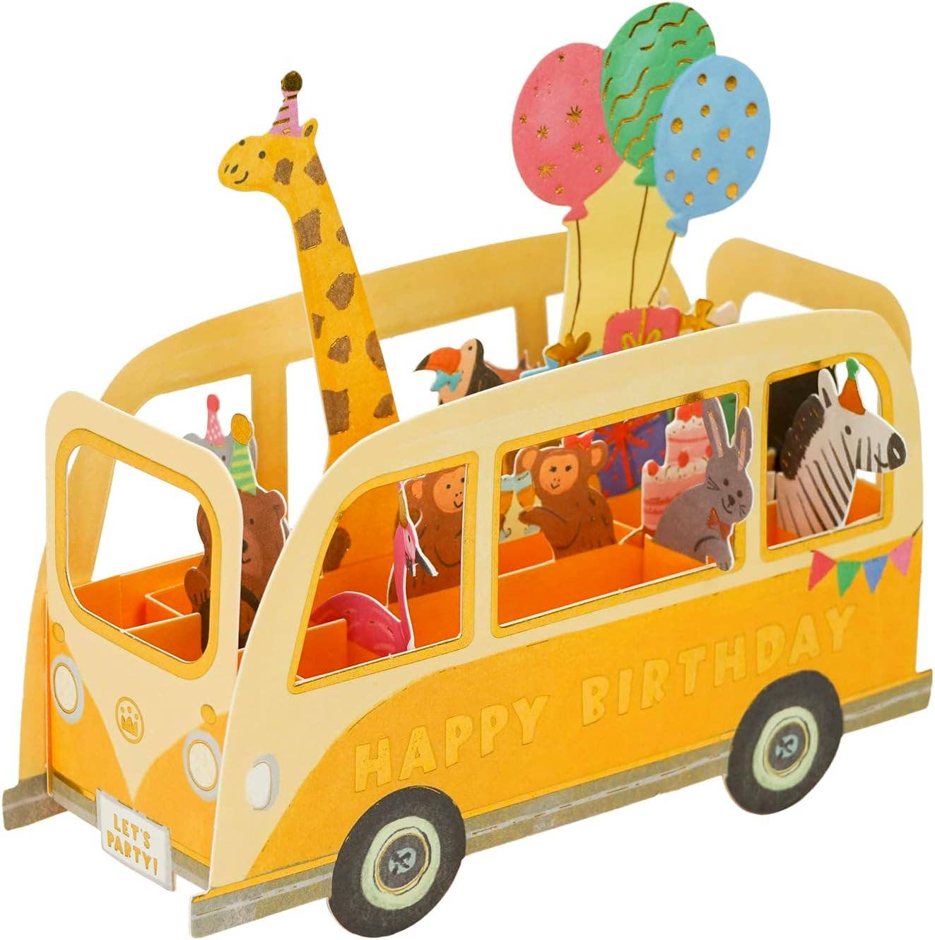 Toy bus with animals inside, celebrating a birthday, on a white background