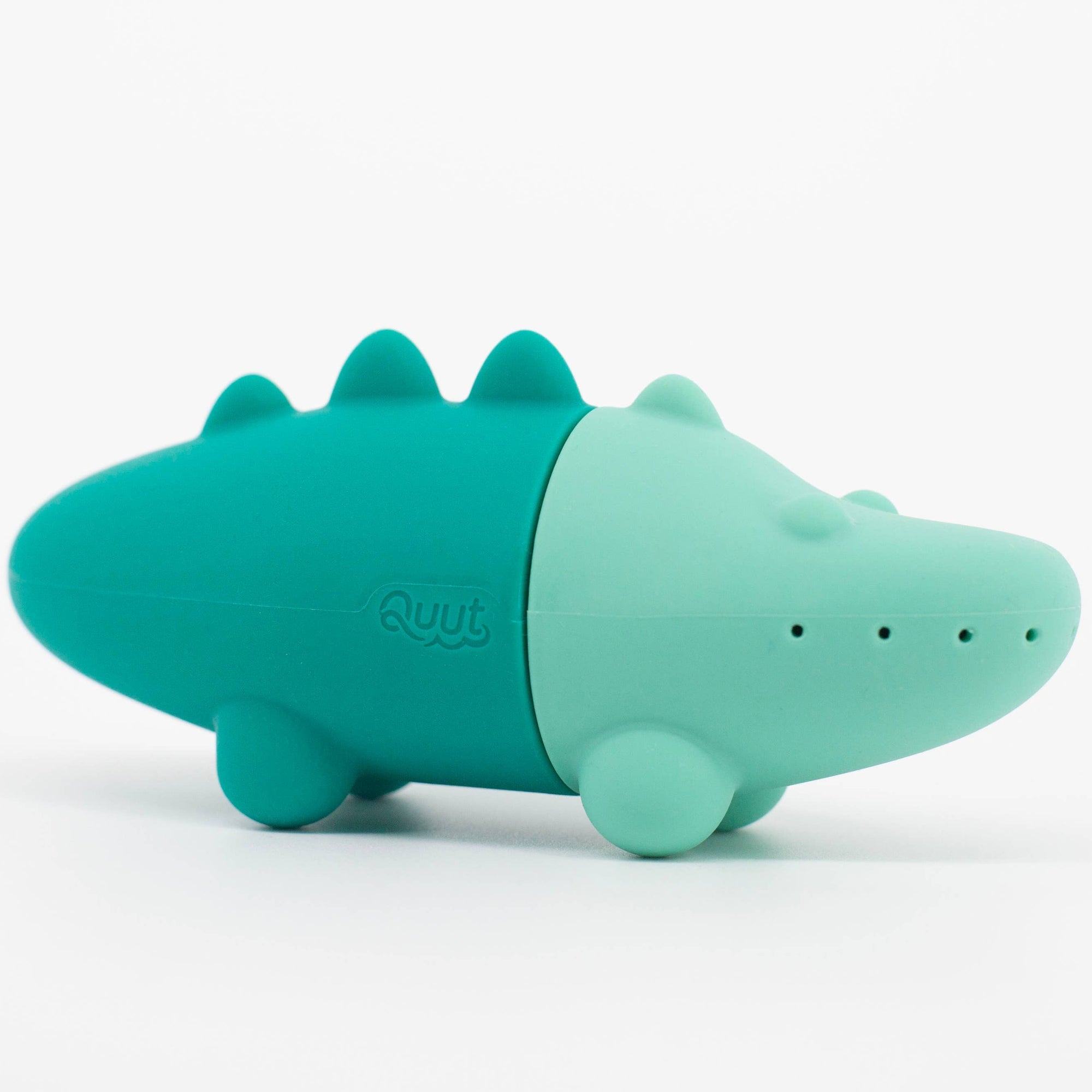 Teal and light blue hippo-shaped toy on a white background