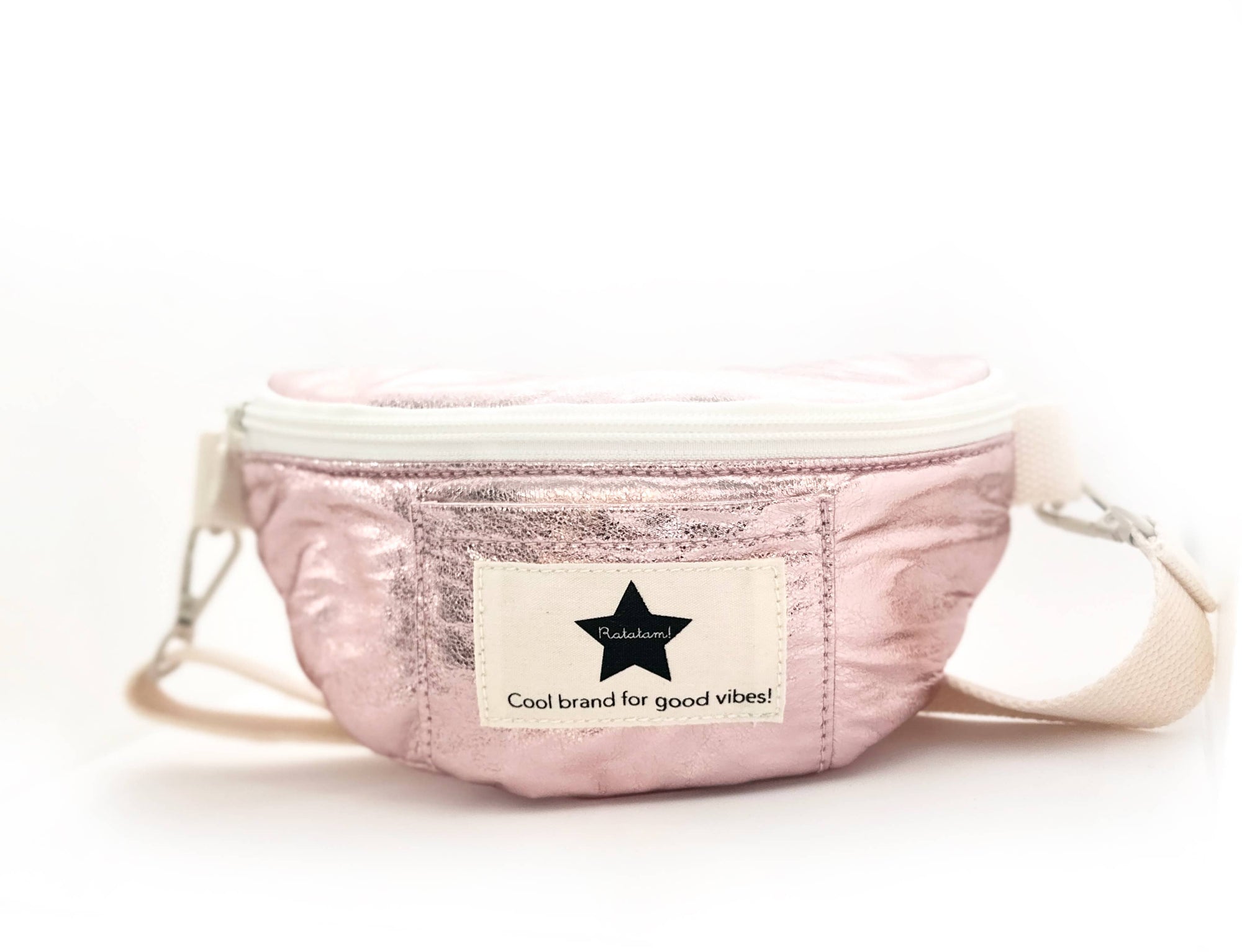 Pink waist bag with a label on a white background