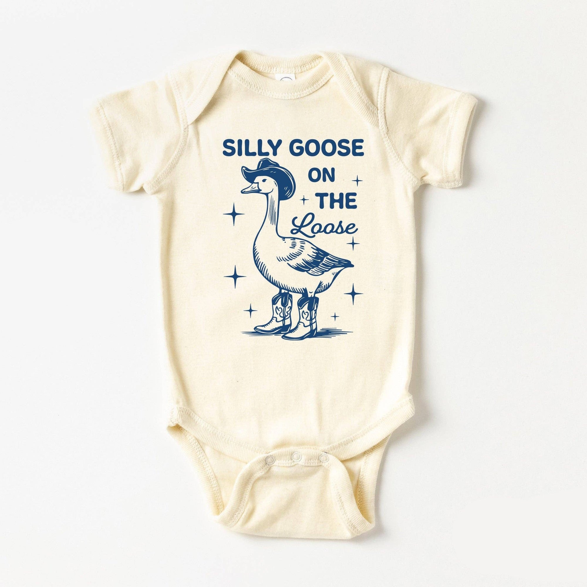 Baby onesie with a goose graphic and text on a white background
