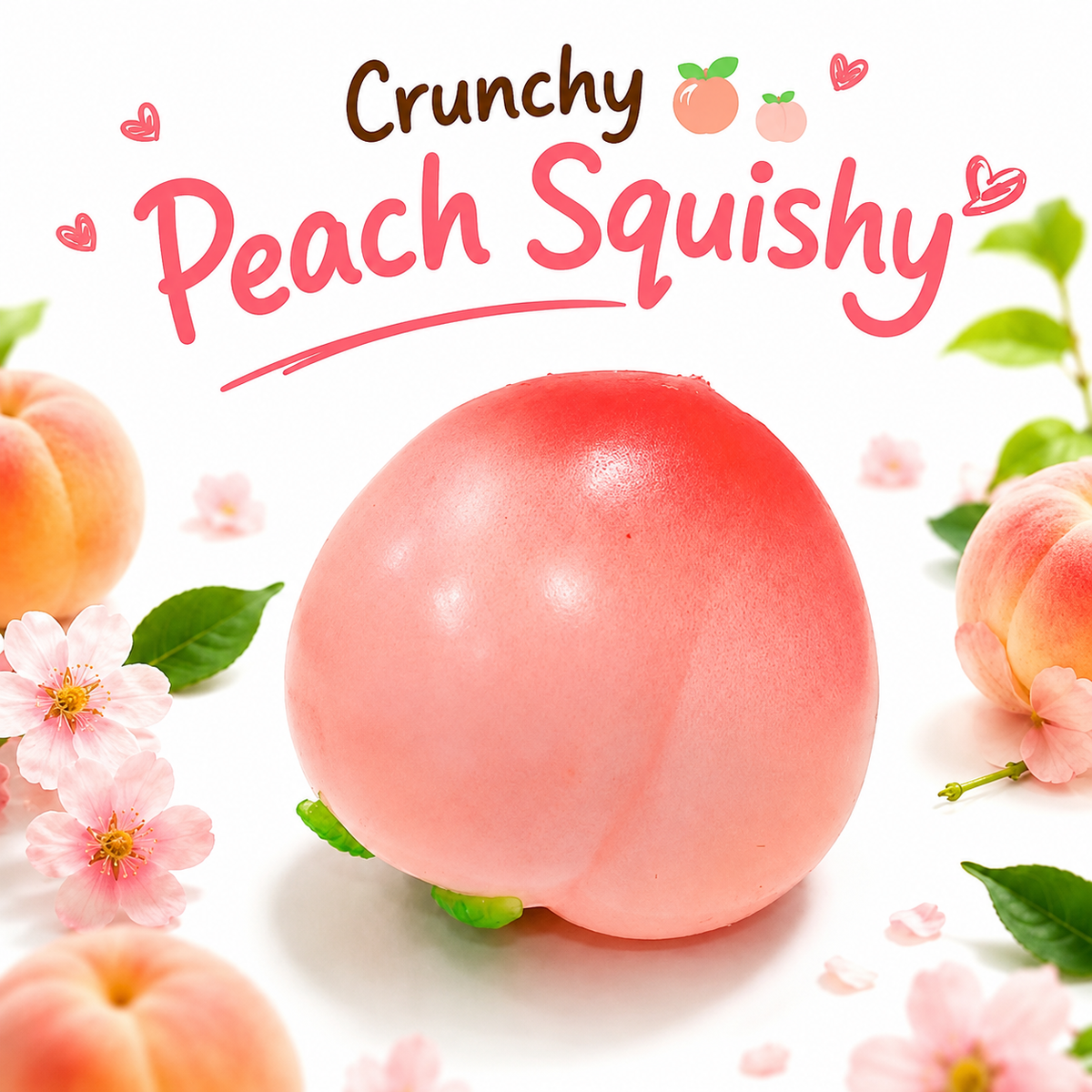 A stylized product graphic for a peach-shaped item labeled 'Crunchy Peach Squishy,' with a large pink peach in the center, smaller peaches around the edges, pink blossoms, green leaves, and decorative text on a white background.