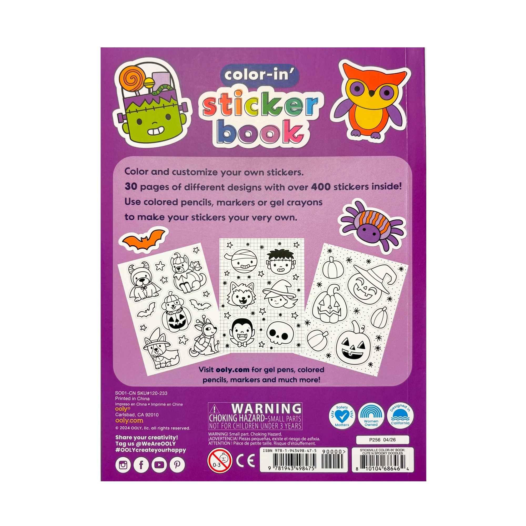 Purple sticker book with Halloween-themed designs on a white background