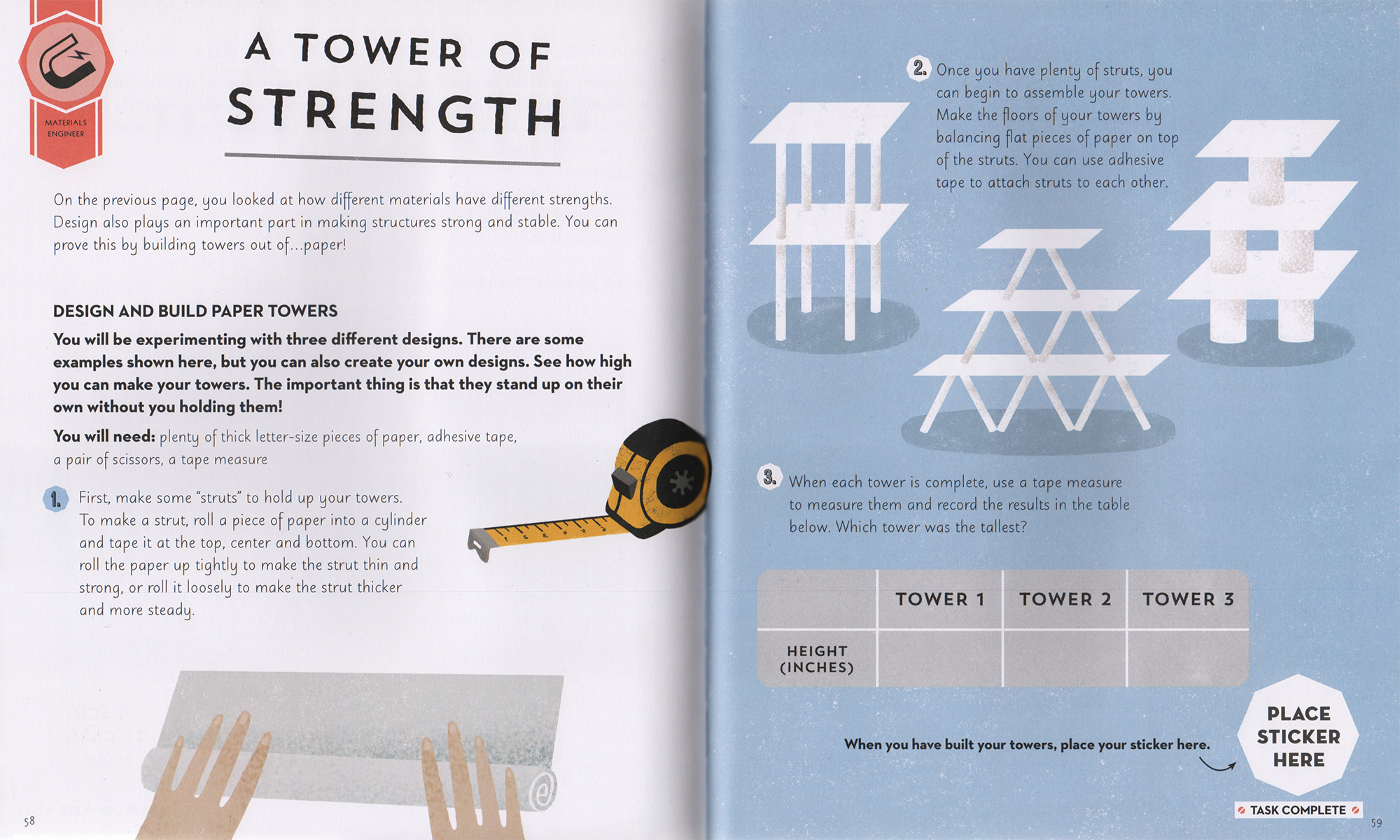 Children's activity book with paper tower design and measurement instructions.