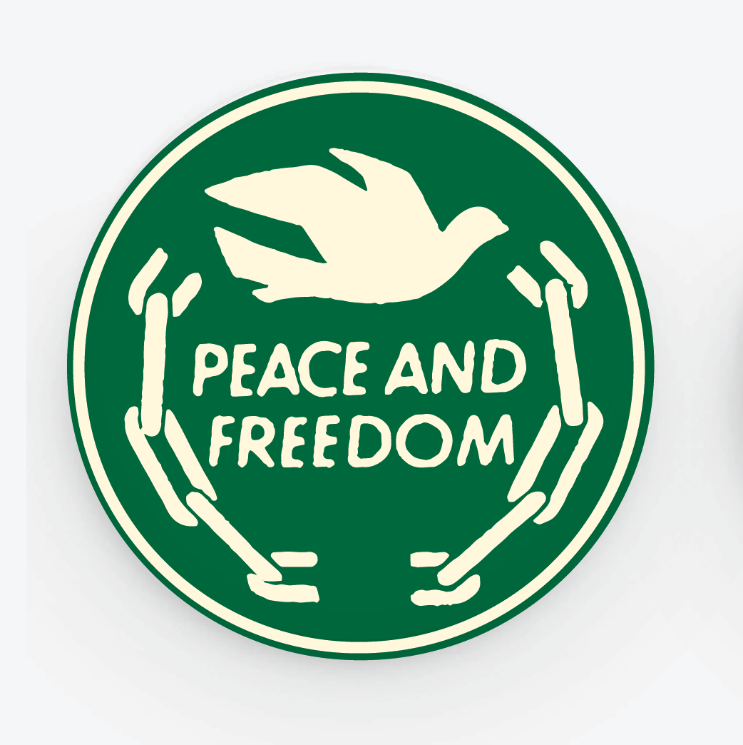 Green circular emblem with a dove and the text 'Peace and Freedom' on a white background