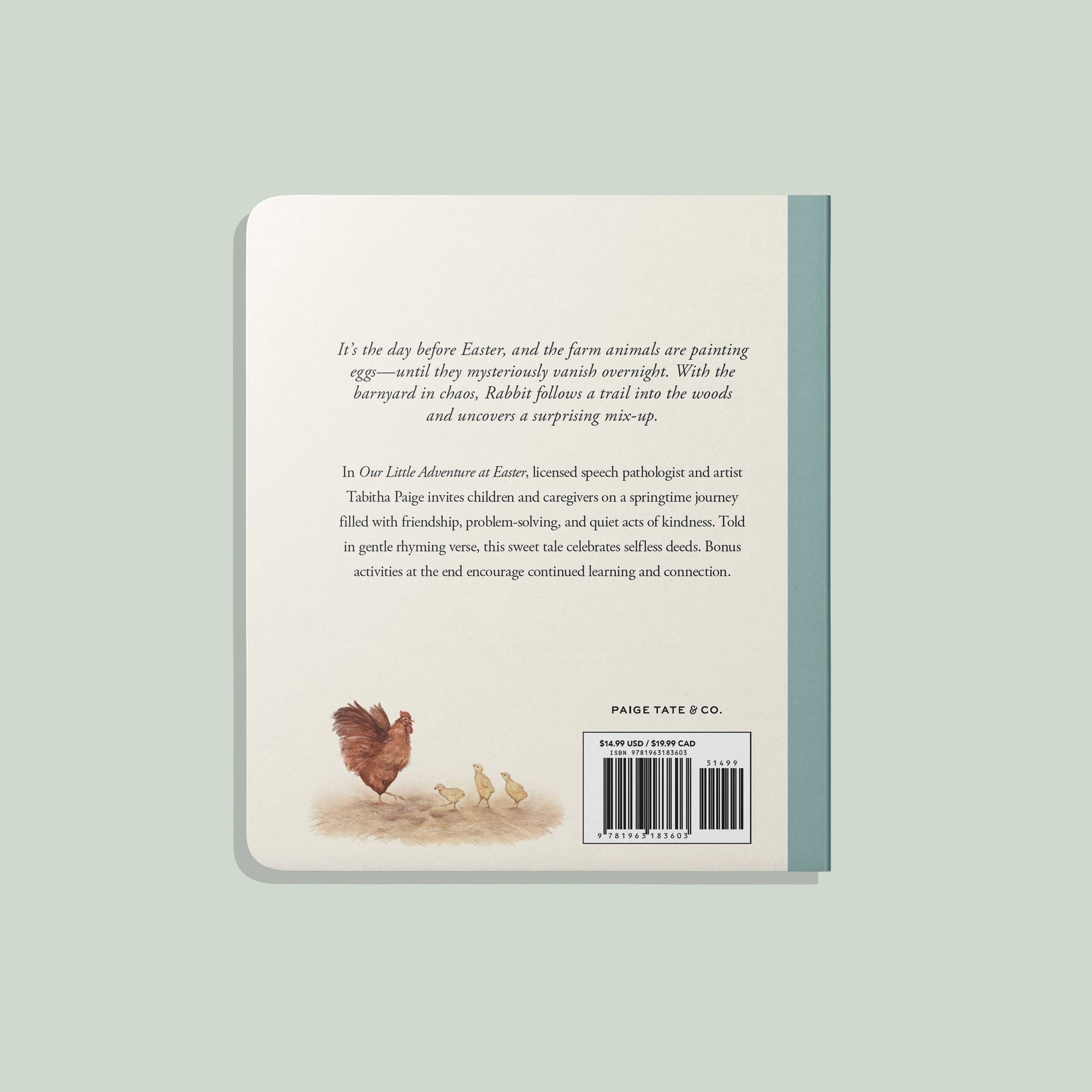 Back cover of a book with text and illustrations on a light green background