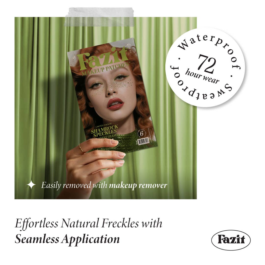 Fazit freckle patch packaging held by a hand with green curtain background