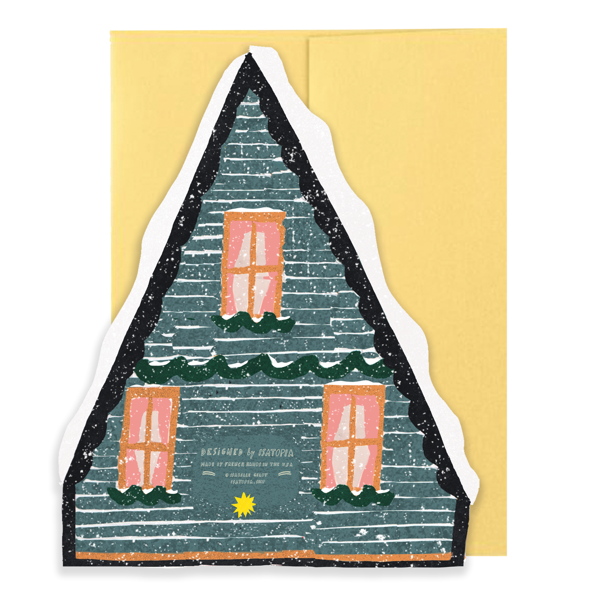 Card with a stylized house illustration on a yellow background