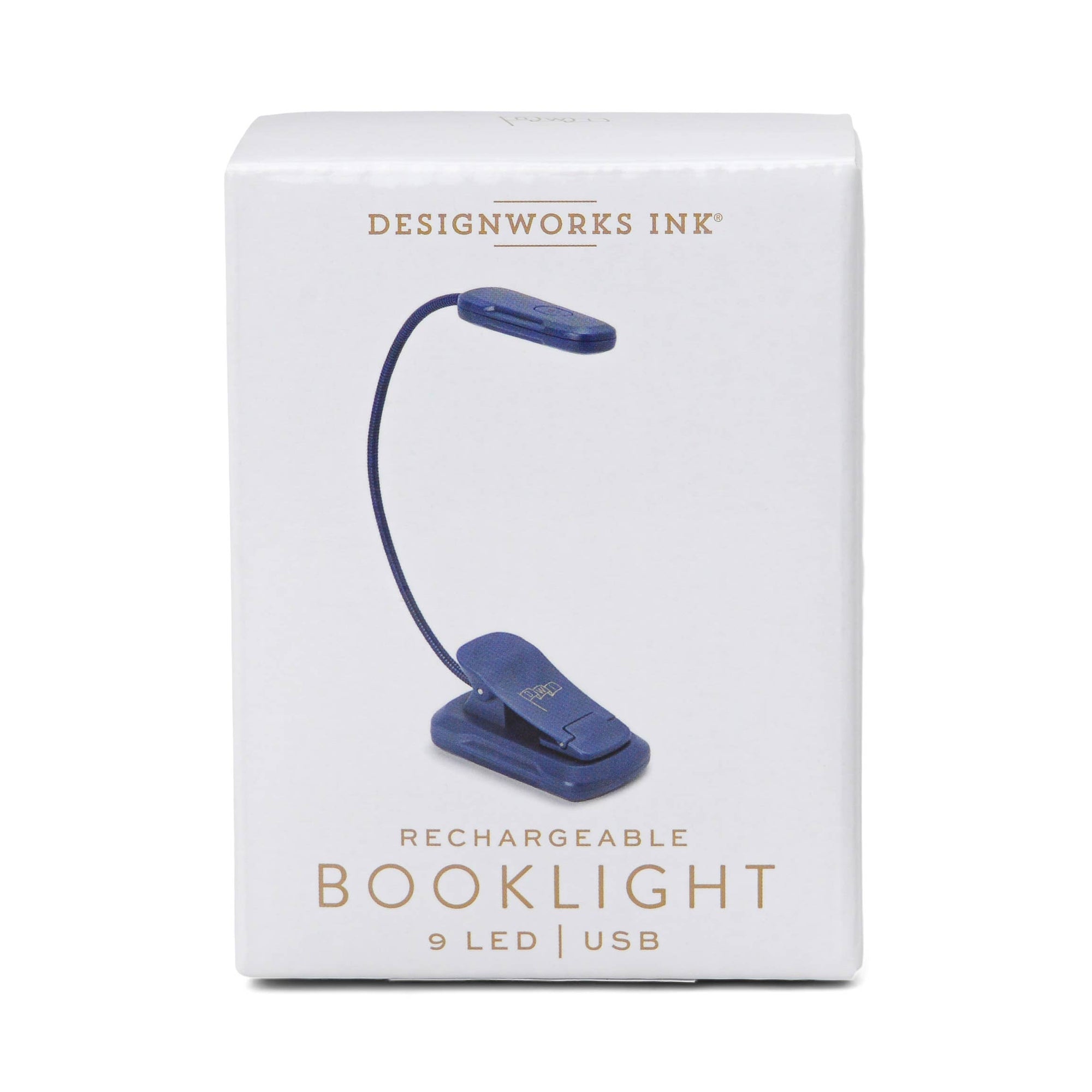 Rechargeable booklight packaging with 'Designworks Ink' branding on a white background