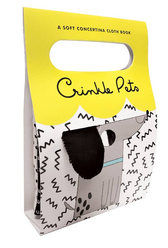 Cinkle Pets soft concertina cloth book packaging with a dog illustration on a white background