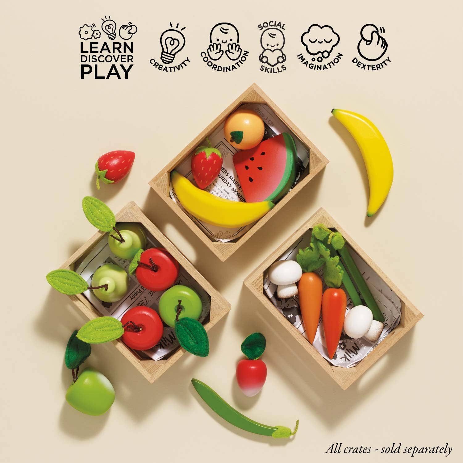 Wooden toy fruits and vegetables in crates with educational icons above on a beige background.