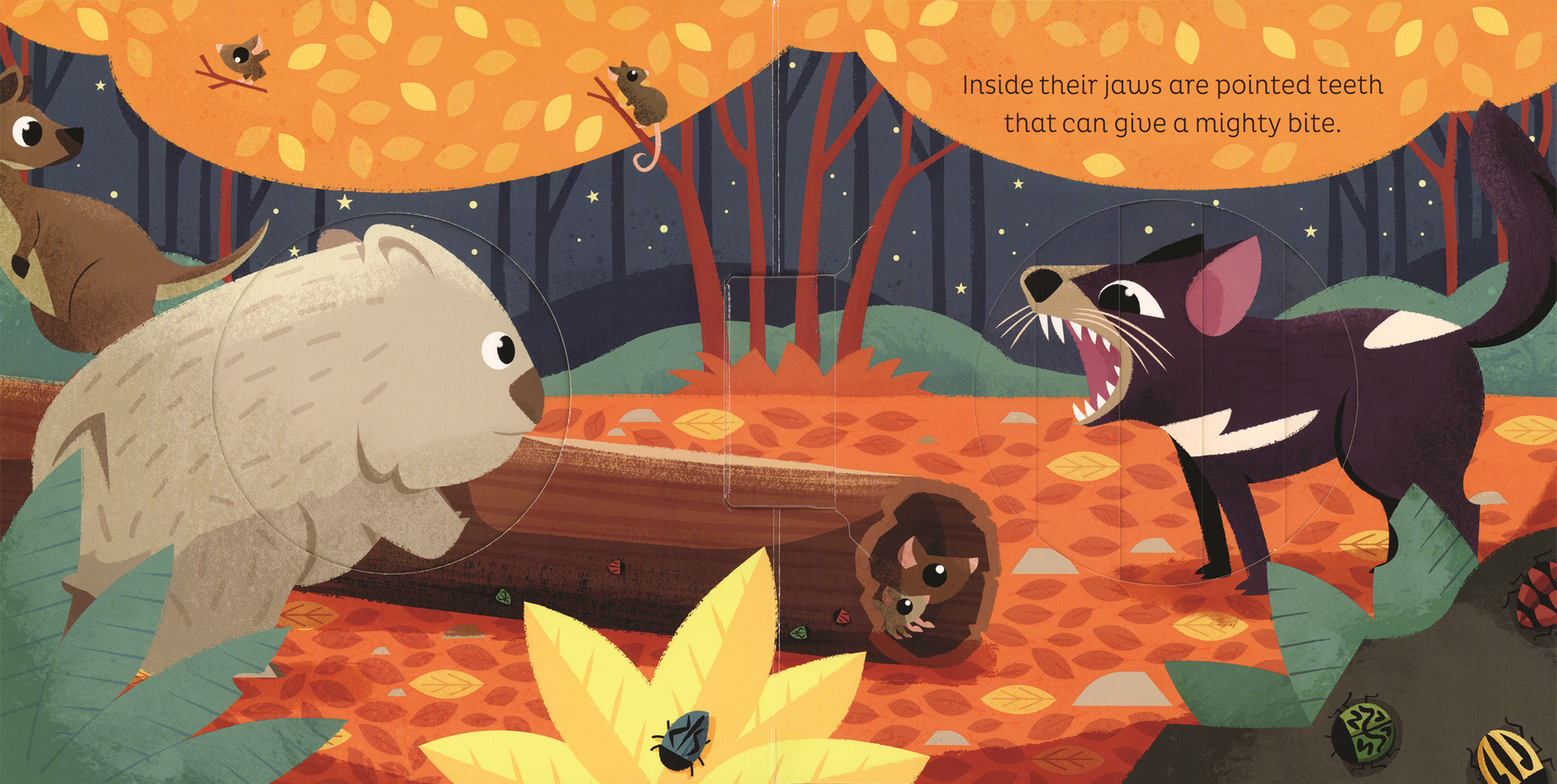 Illustration of a bear and a cat in a forest with a mouse, surrounded by autumn leaves and flowers.