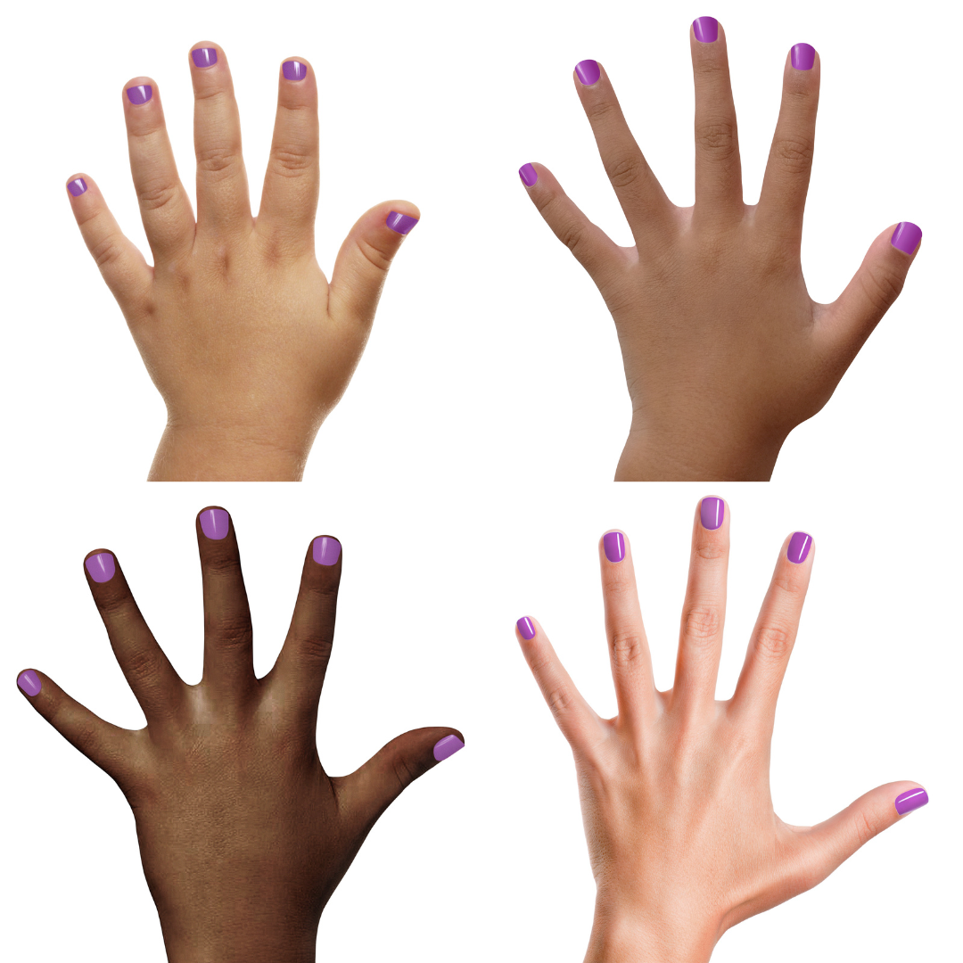 Four hands with purple nail polish on a white background