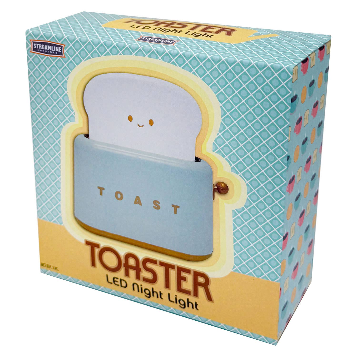 Boxed toaster LED night light with a cute face design on a white background