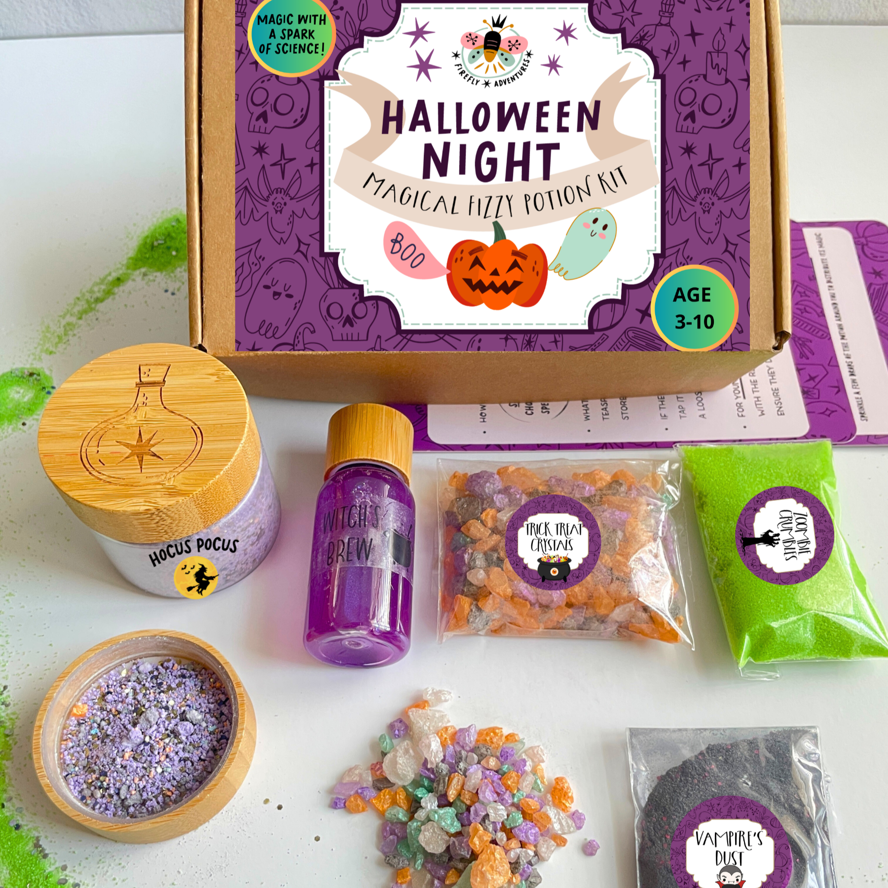 Halloween-themed magical lotion kit with various ingredients and a box labeled 'Halloween Night' on a white background.
