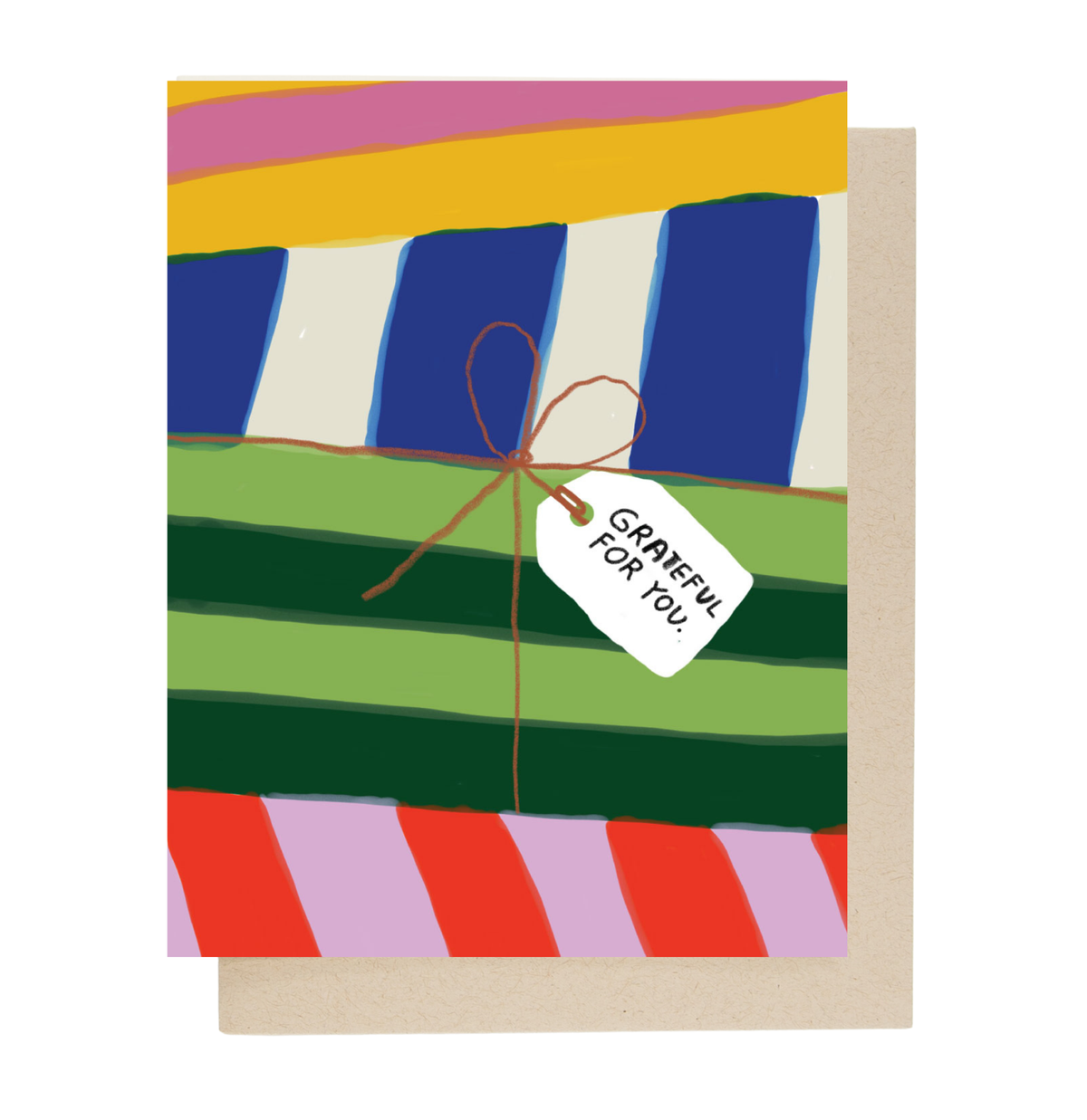 A square greeting card with a colorful abstract striped design, shown with a kraft envelope behind it. The card features a brown string tied with a white tag that reads 'GRATEFUL FOR YOU'.