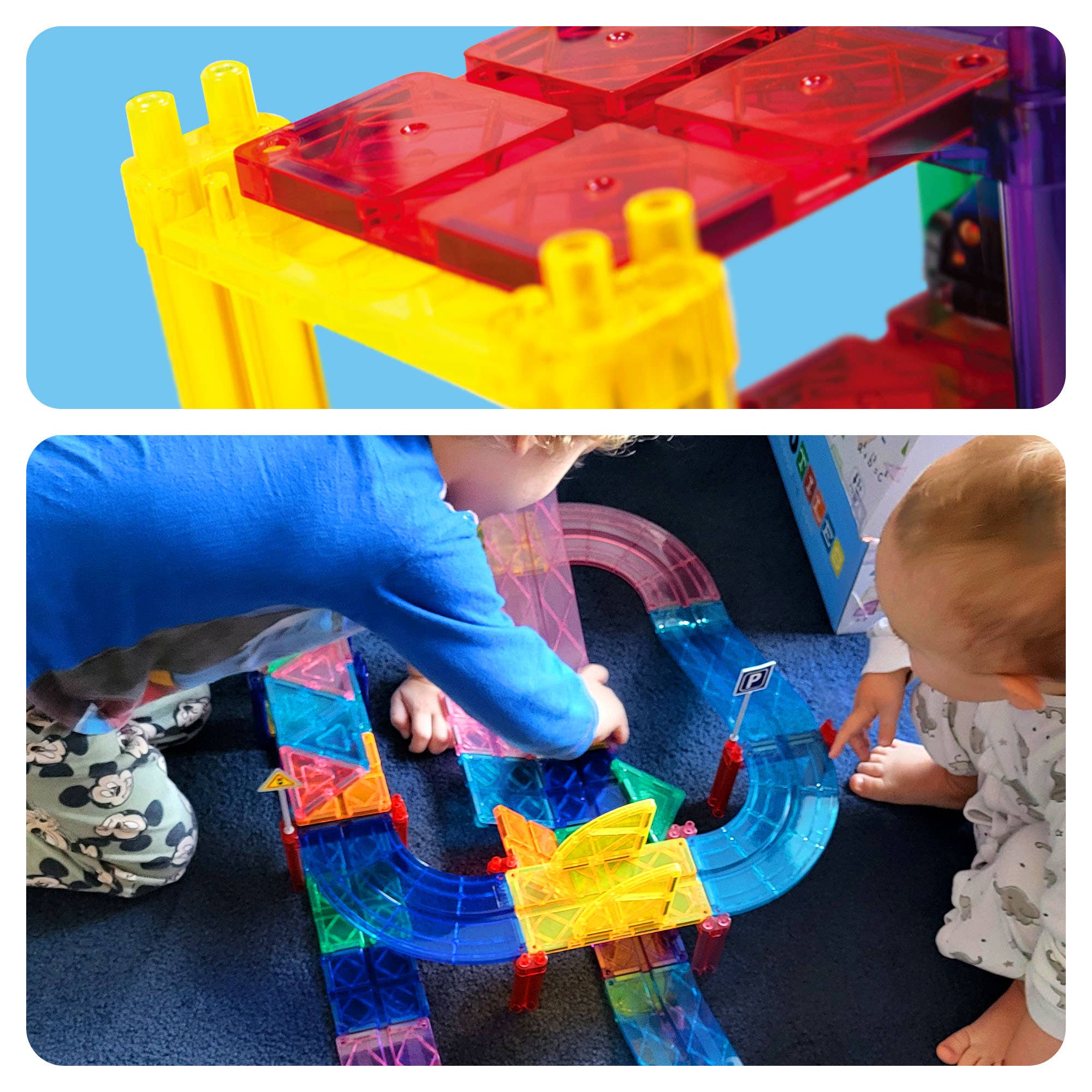 Colorful magnetic building toy set with children playing with it.