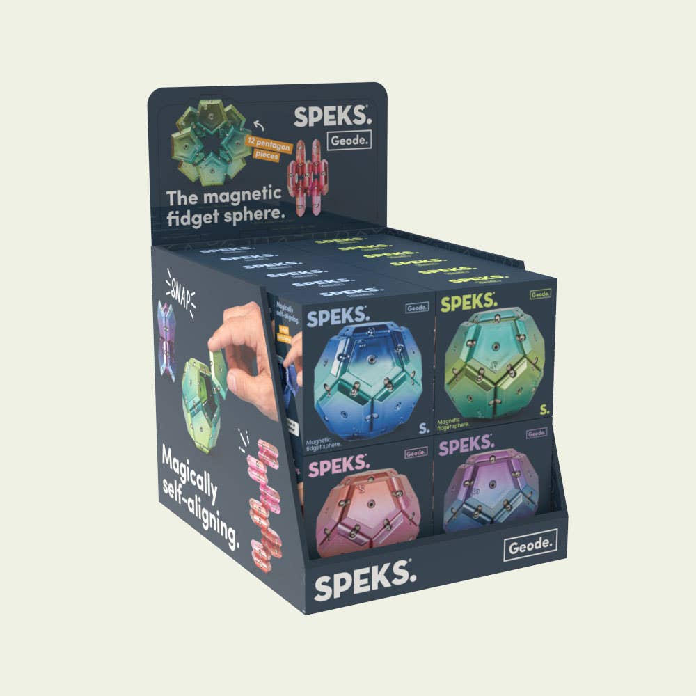 Speks magnetic fidget sphere packaging display on a beige background