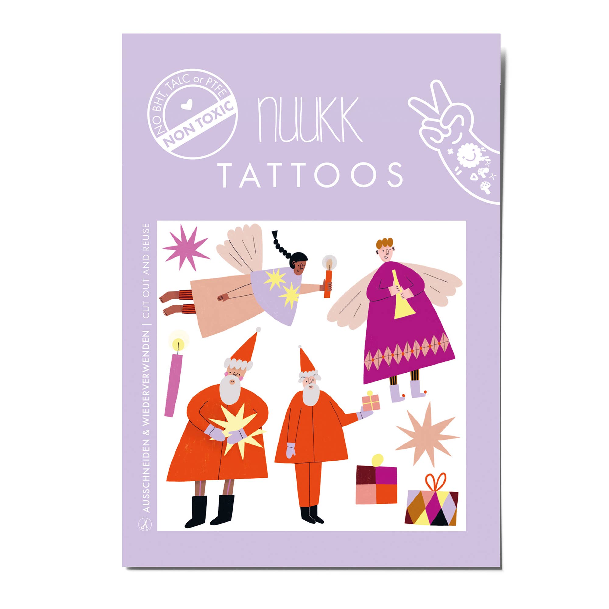 Nuukk Tattoos sticker sheet packaging featuring festive Christmas characters and gifts on a light purple background.