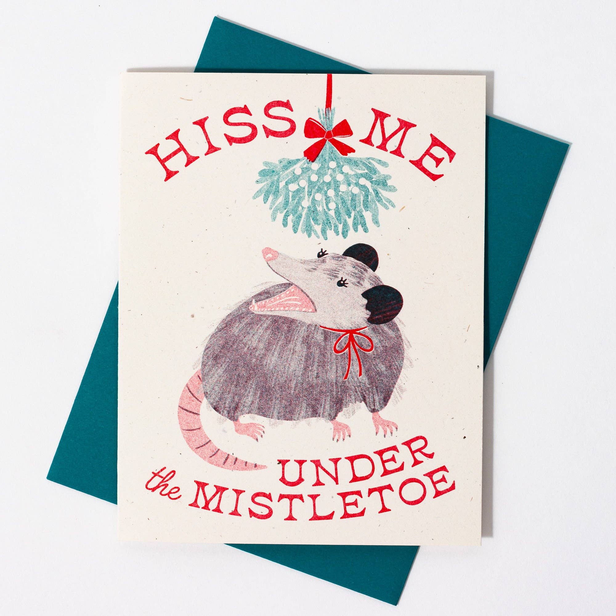 Card with a opossum illustration and text 'Hiss me under the mistletoe' on a white background.