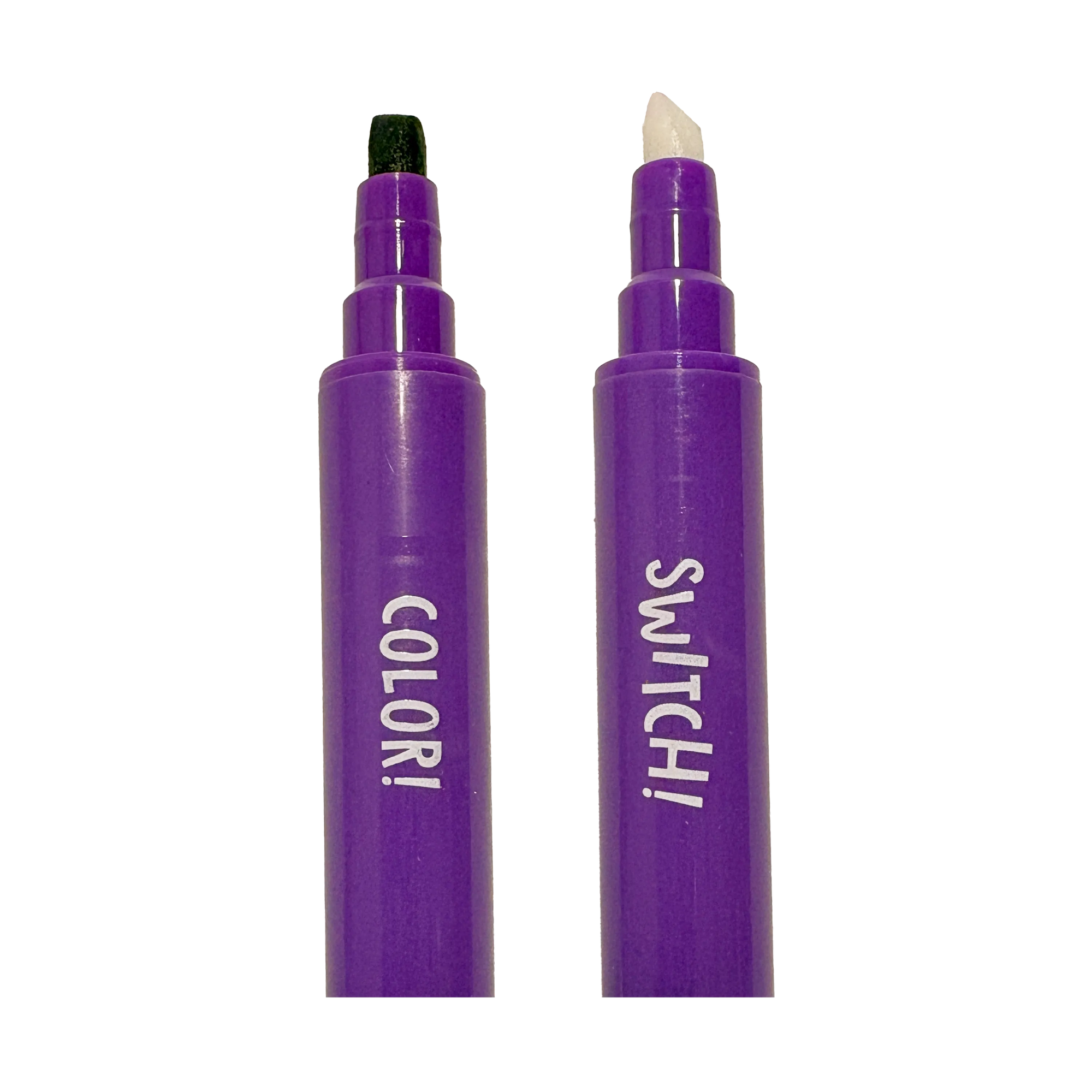 Two purple markers with black and white caps on a white background