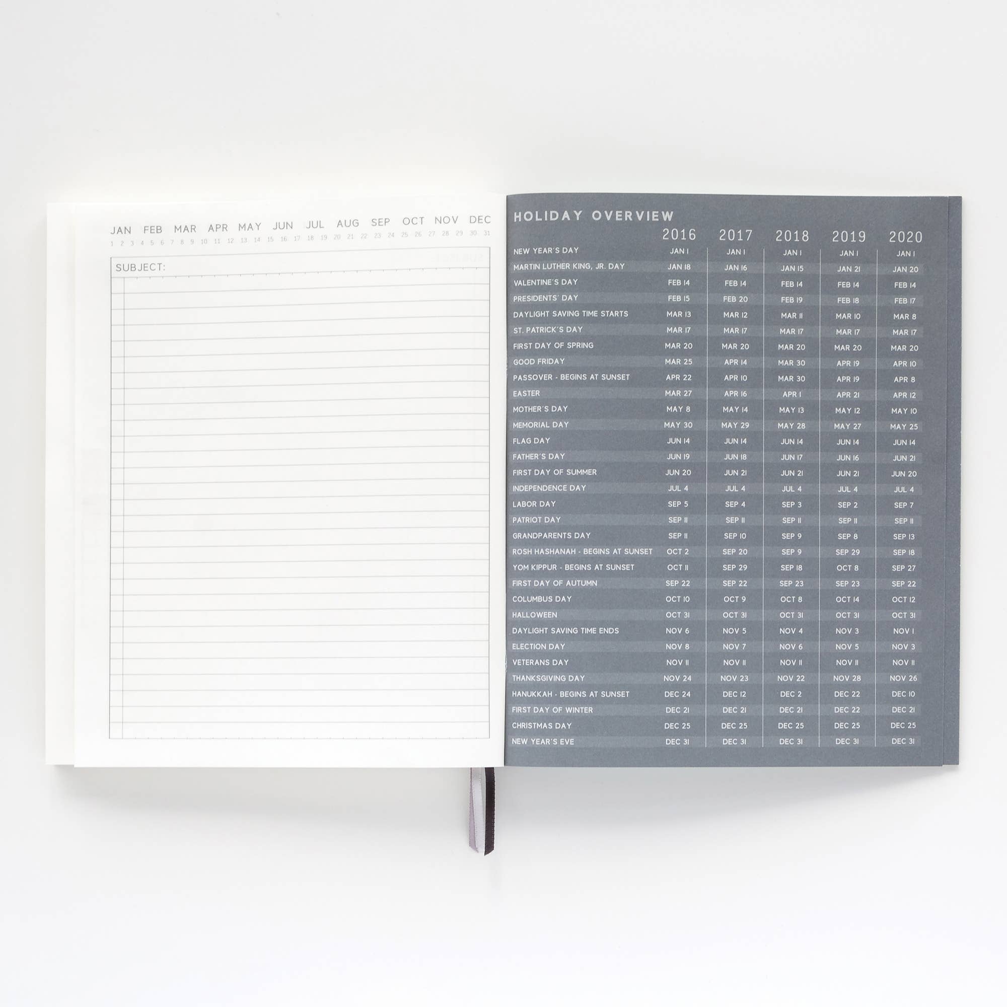 Open planner showing a holiday overview chart on a white background
