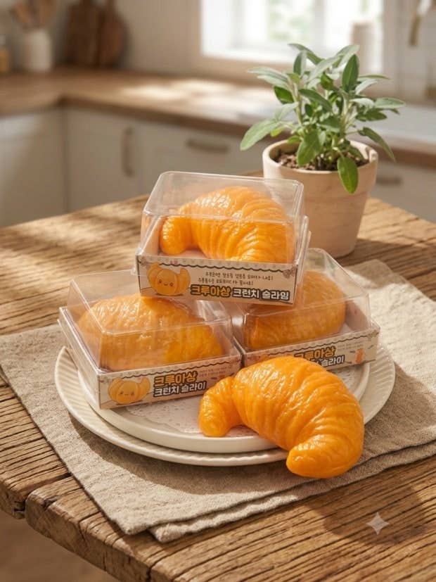 Three novelty croissant-shaped plush toys in clear plastic packaging, with one loose croissant placed on a white plate on a wooden table. A small potted plant and a softly blurred kitchen setting are visible in the background.