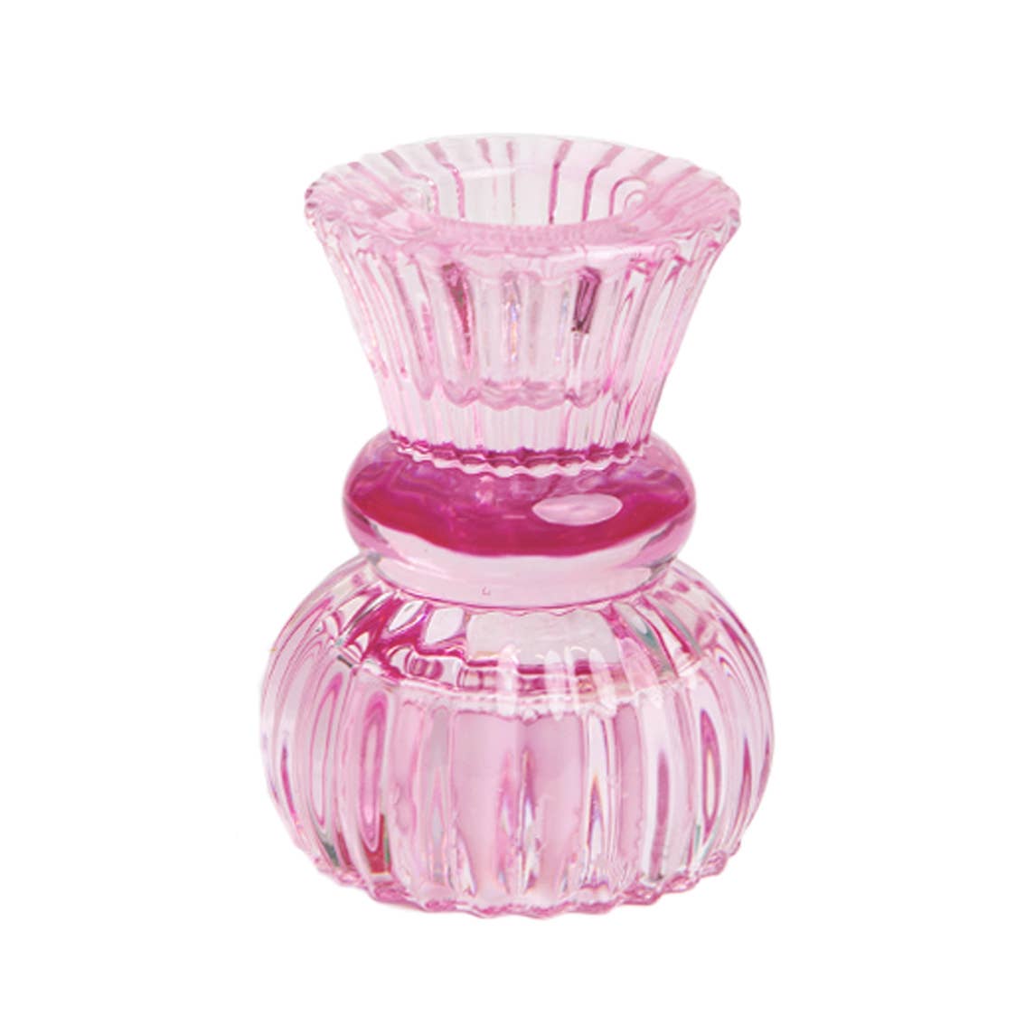 Pink glass vase with textured design on a white background