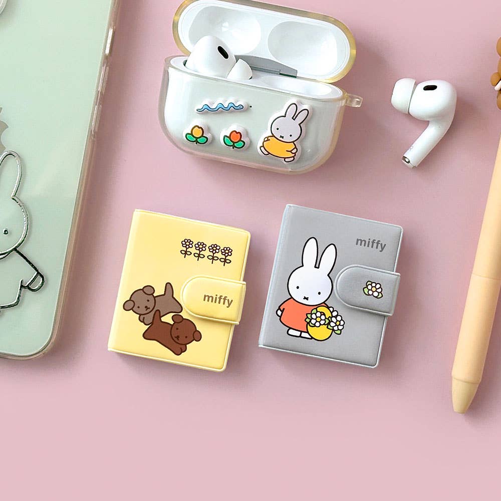 Miffy-themed product cases and airpods on a pink background