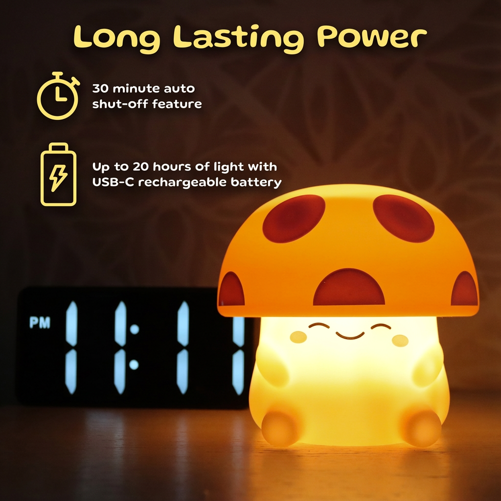 Mushroom-shaped night light with digital clock displaying time, on a dark background.