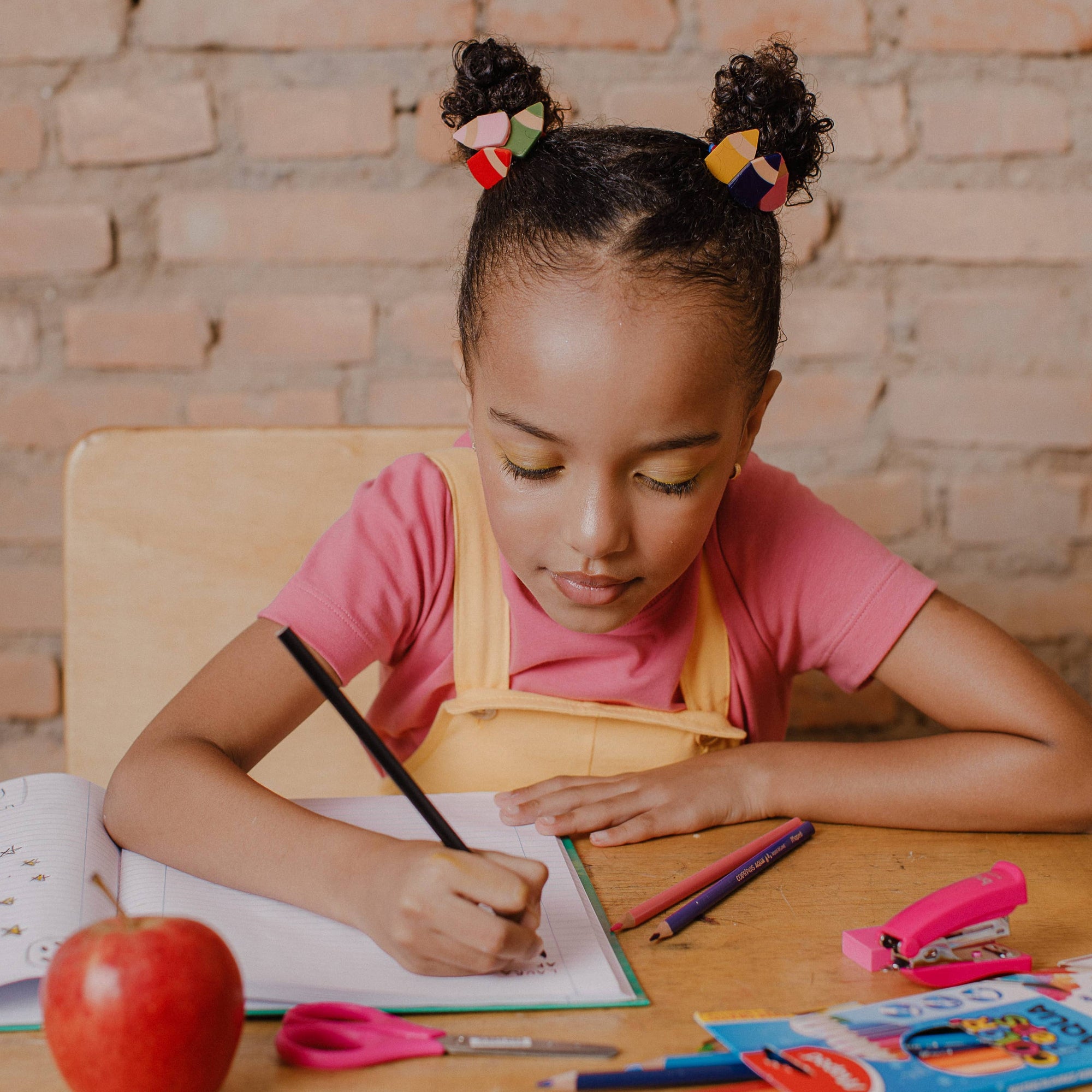 Apple and Pencil Navy Hair Ties -Back to School