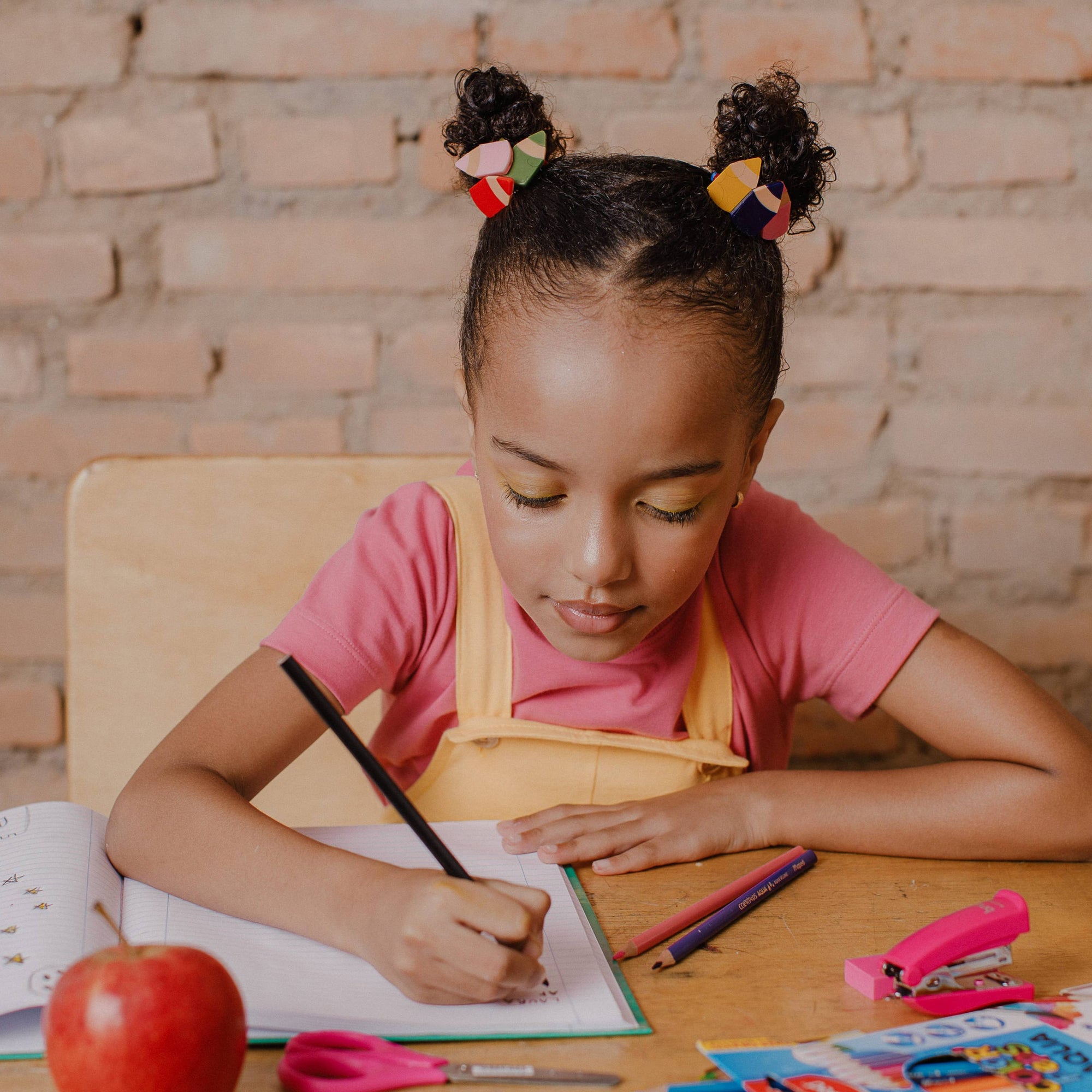 Apple and Pencil Pink Hair Ties -Back to School