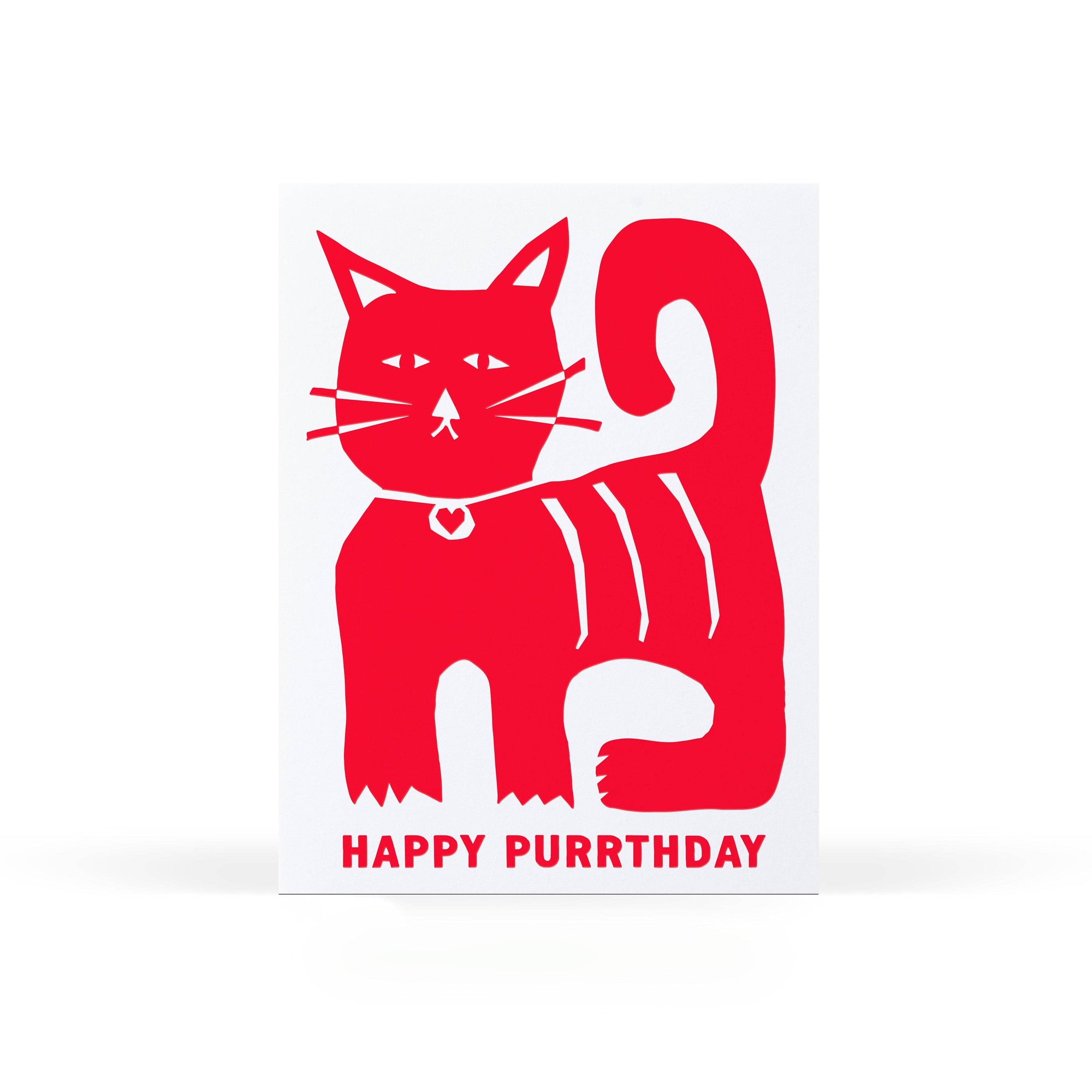 Red cat illustration with 'Happy Purrthday' text on a white background