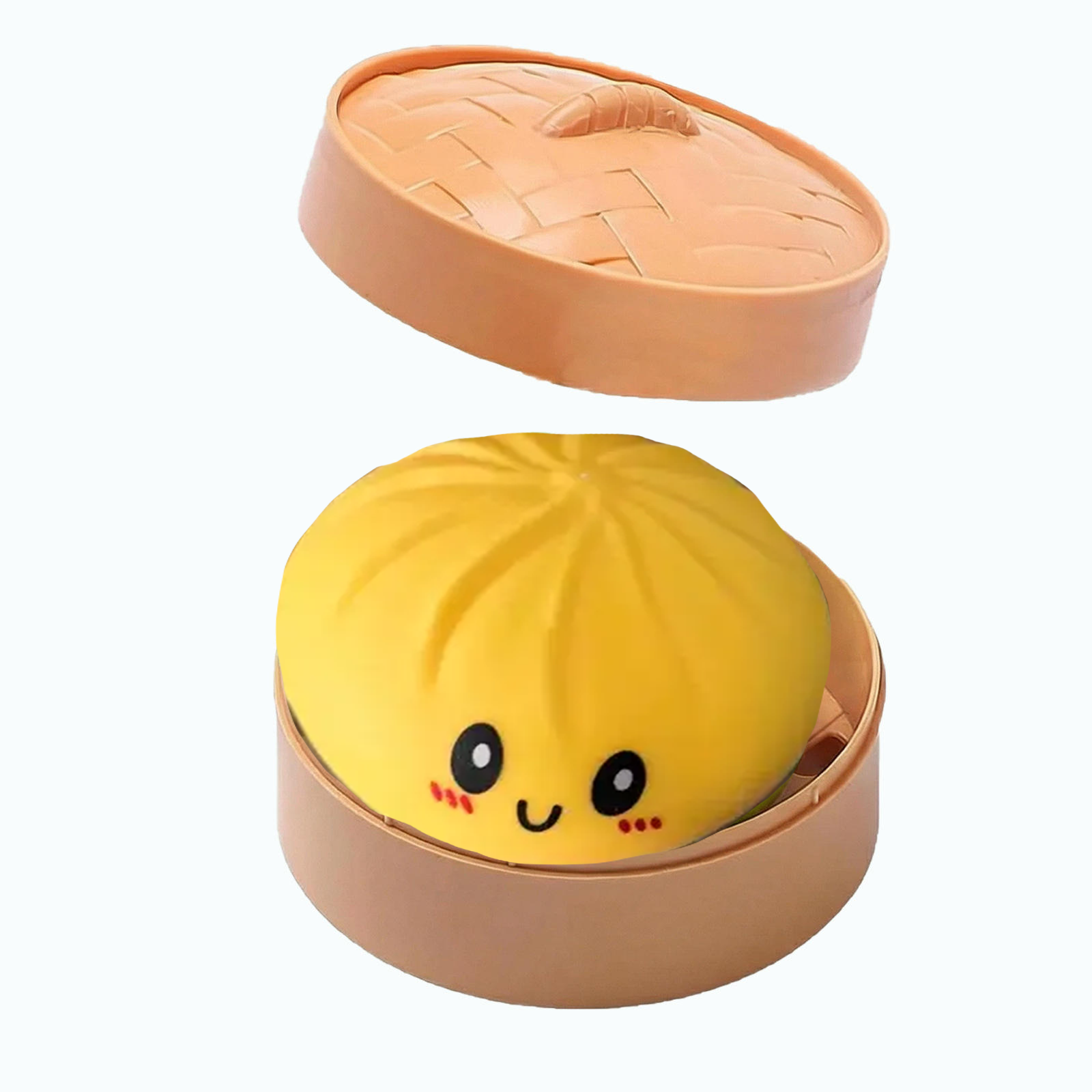 Yellow round container with a DUMPLING WITH A face design on a white background