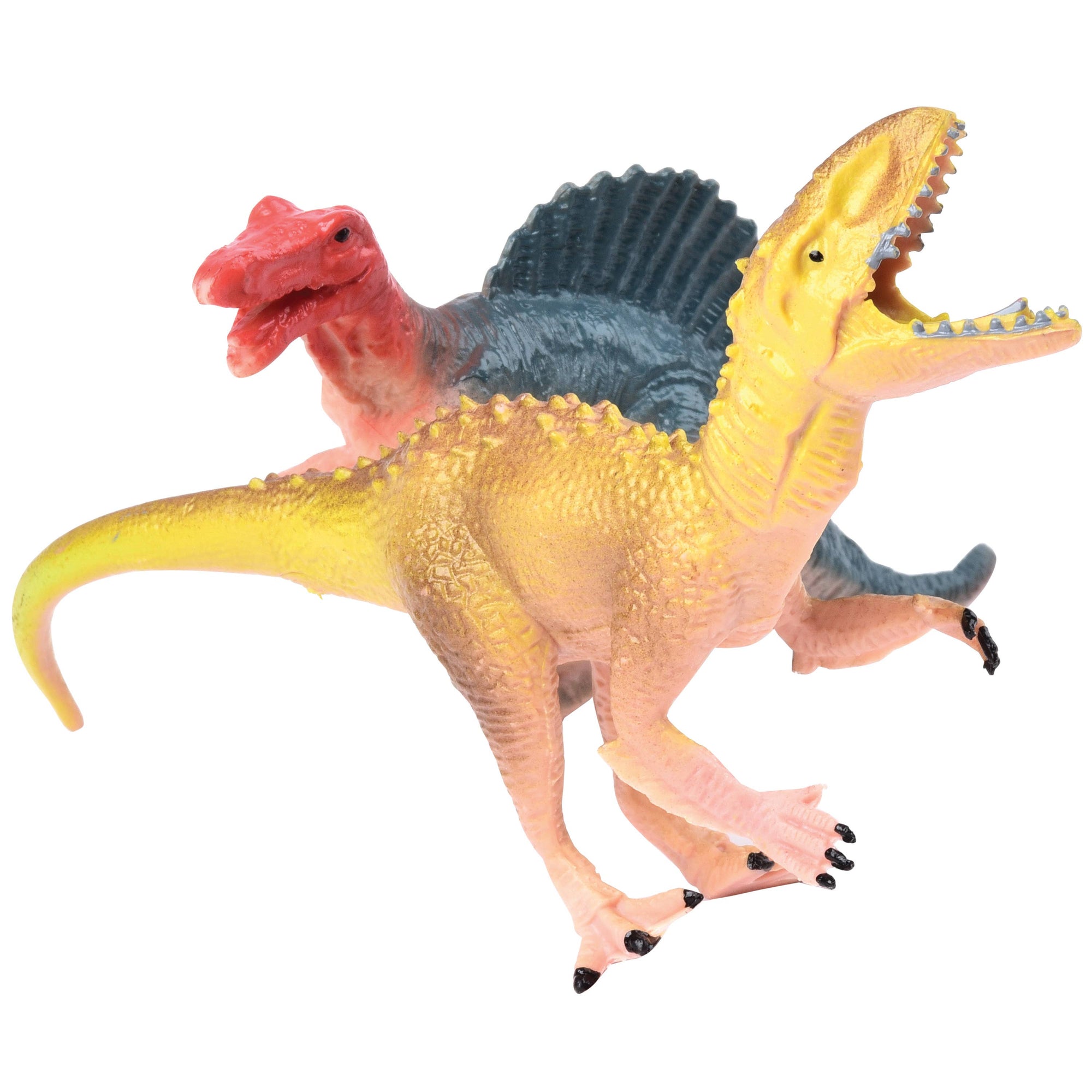 Toy dinosaur figure with a red head and blue back on a white background