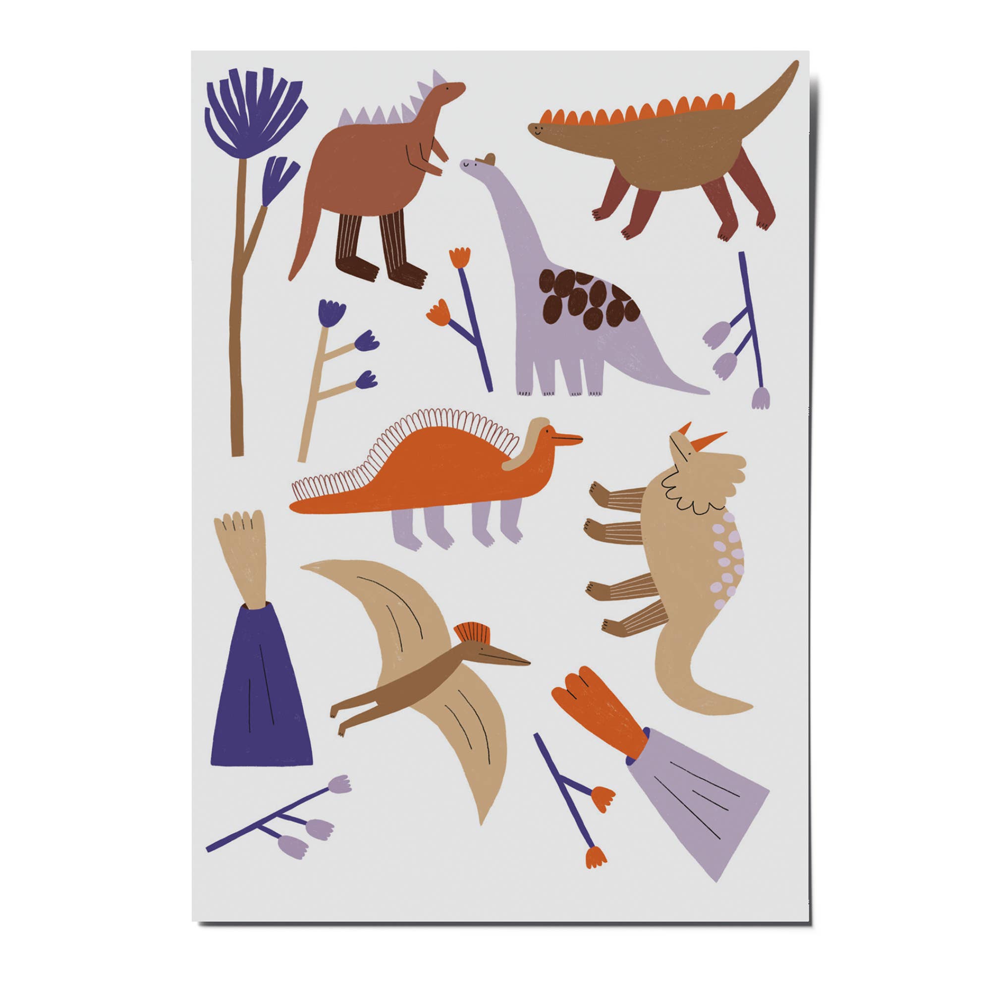 Colorful illustration of dinosaurs and plants on a white background