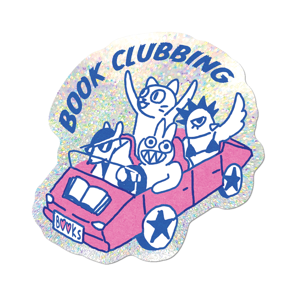 Sticker with cartoon cats in a car and 'Book Clubbing' text on a black background