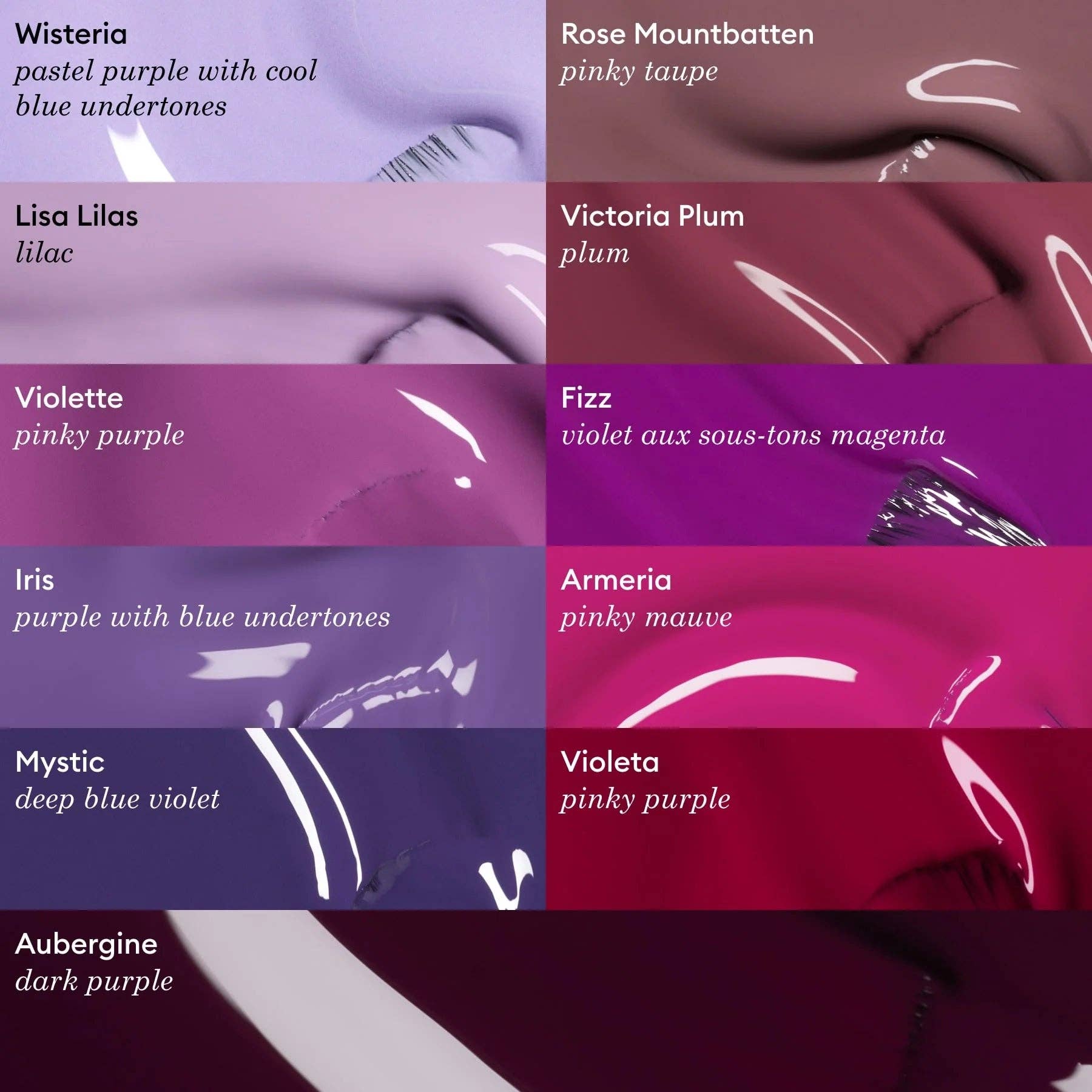 Color swatches with names and descriptions of various purple shades.
