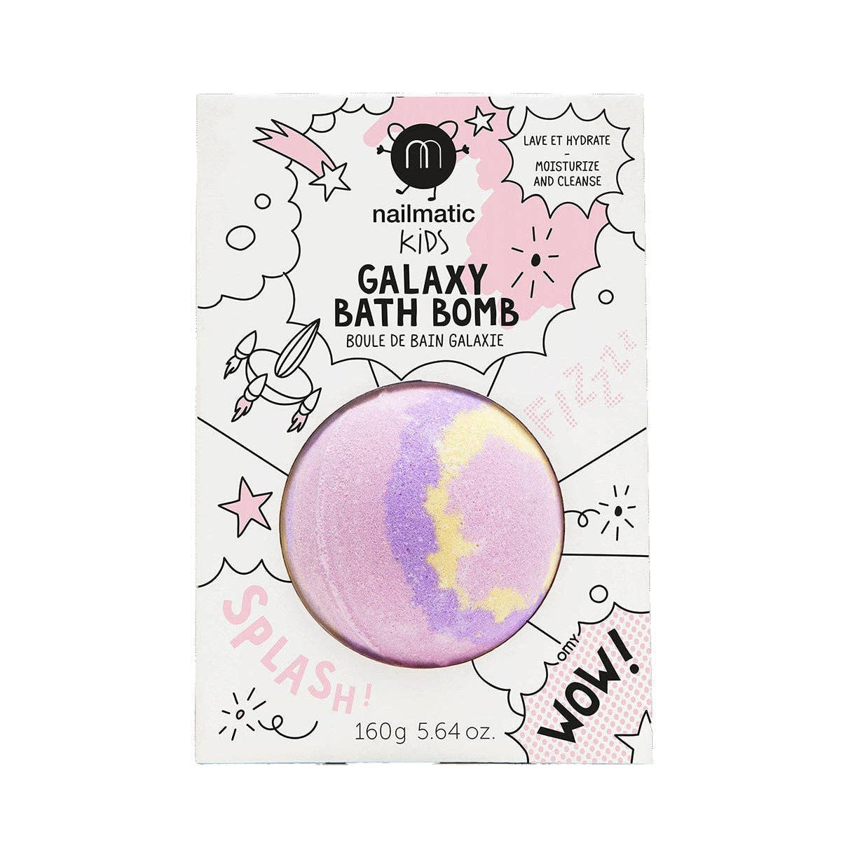 Packaging of a nailmatic Kids Galaxy Bath Bomb with a pink and purple bath bomb on a white background.
