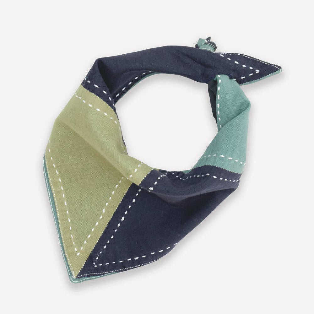Color-blocked bandana with green, blue, and navy sections on a white background