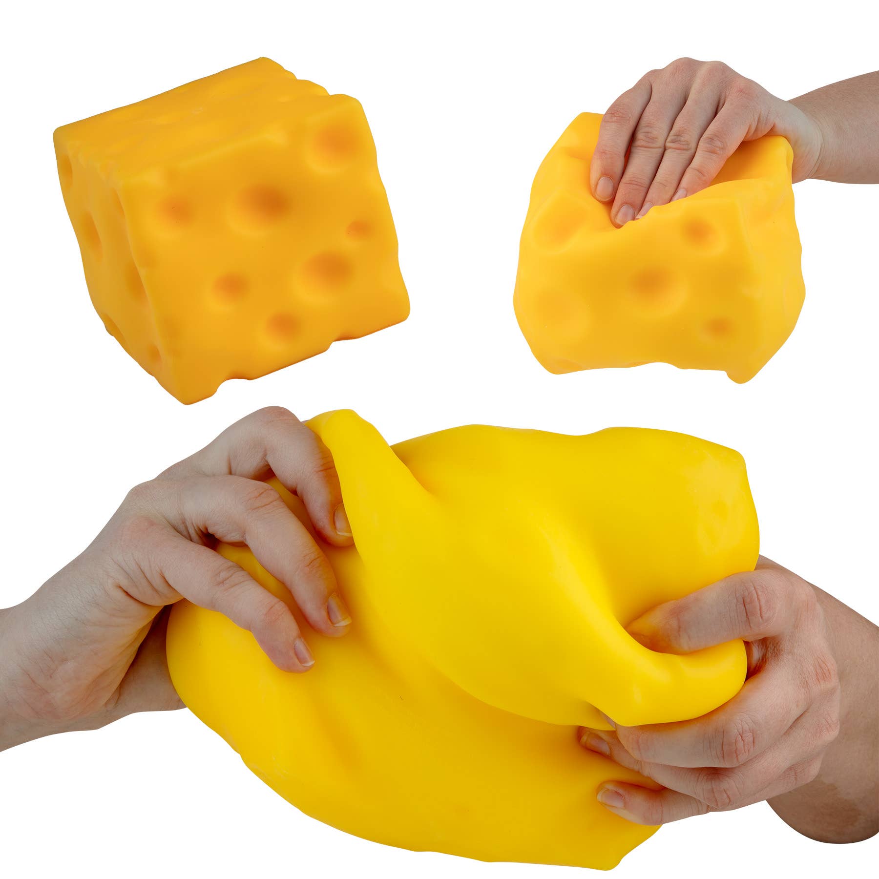Yellow cheese toy being held and squeezed by hands on a white background